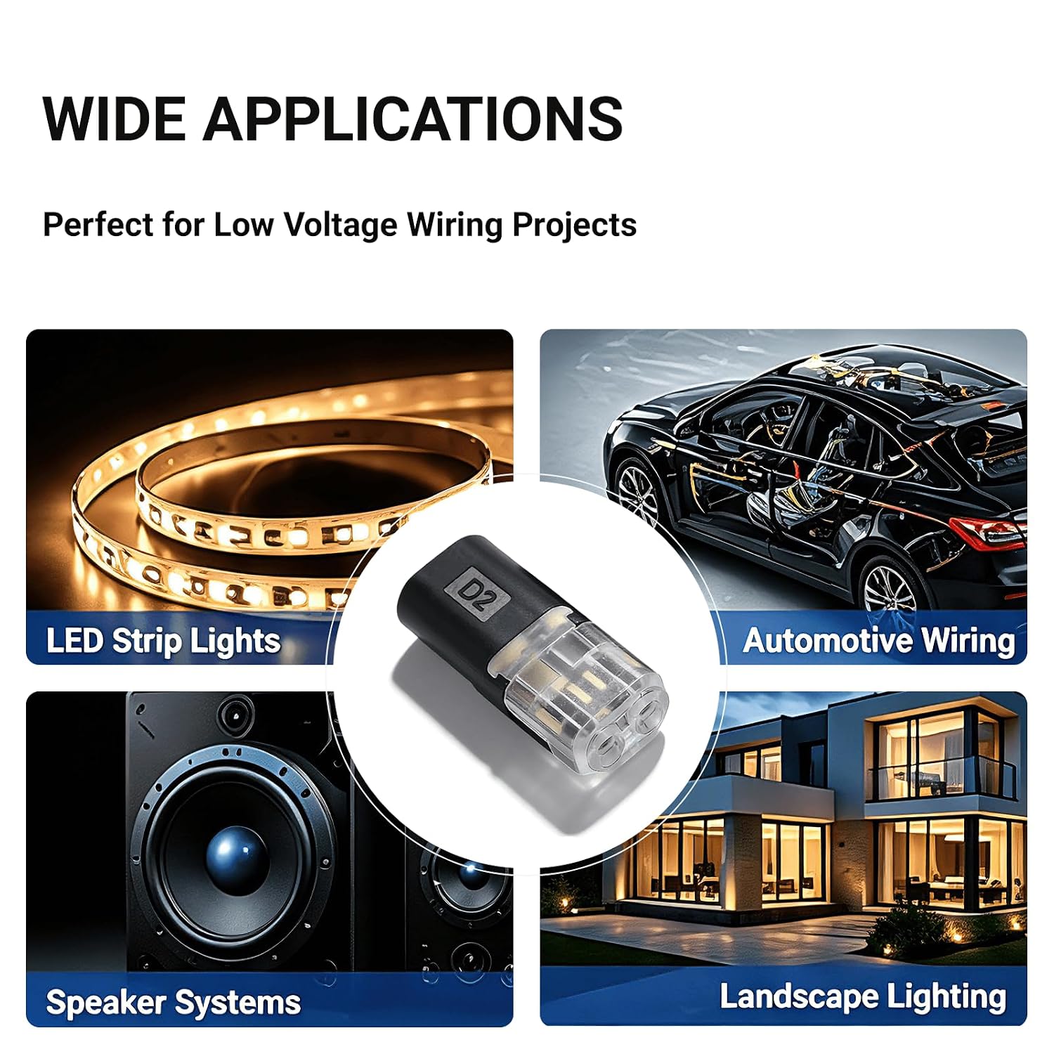 Quick Wire Connectors, 2 Pin Low Voltage Push-in Connectors for 18-22 AWG Stranded Wires, Solderless Locking Wire Splice for LED Lighting, Automotive and DIY Projects, 100 PCS