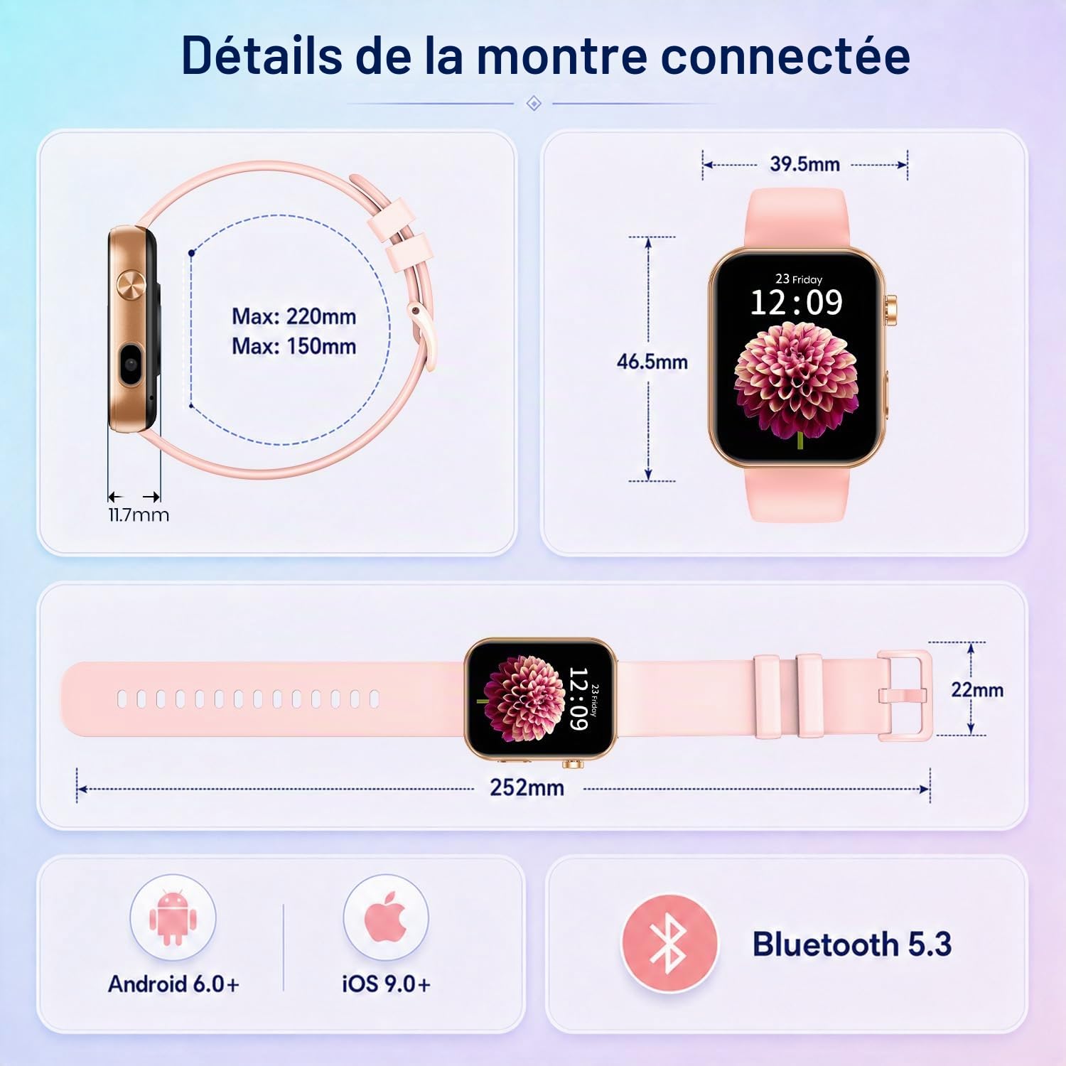 Montre connectée avec Femme Homme Smartwatch: 1.91" HD Écran avec Prendre une Photo Enregistrement Vidéo Appel Bluetooth Cardiofréquencemètre SpO2 Sommeil Moniteur 256MB RAM Compatible Android et iOS