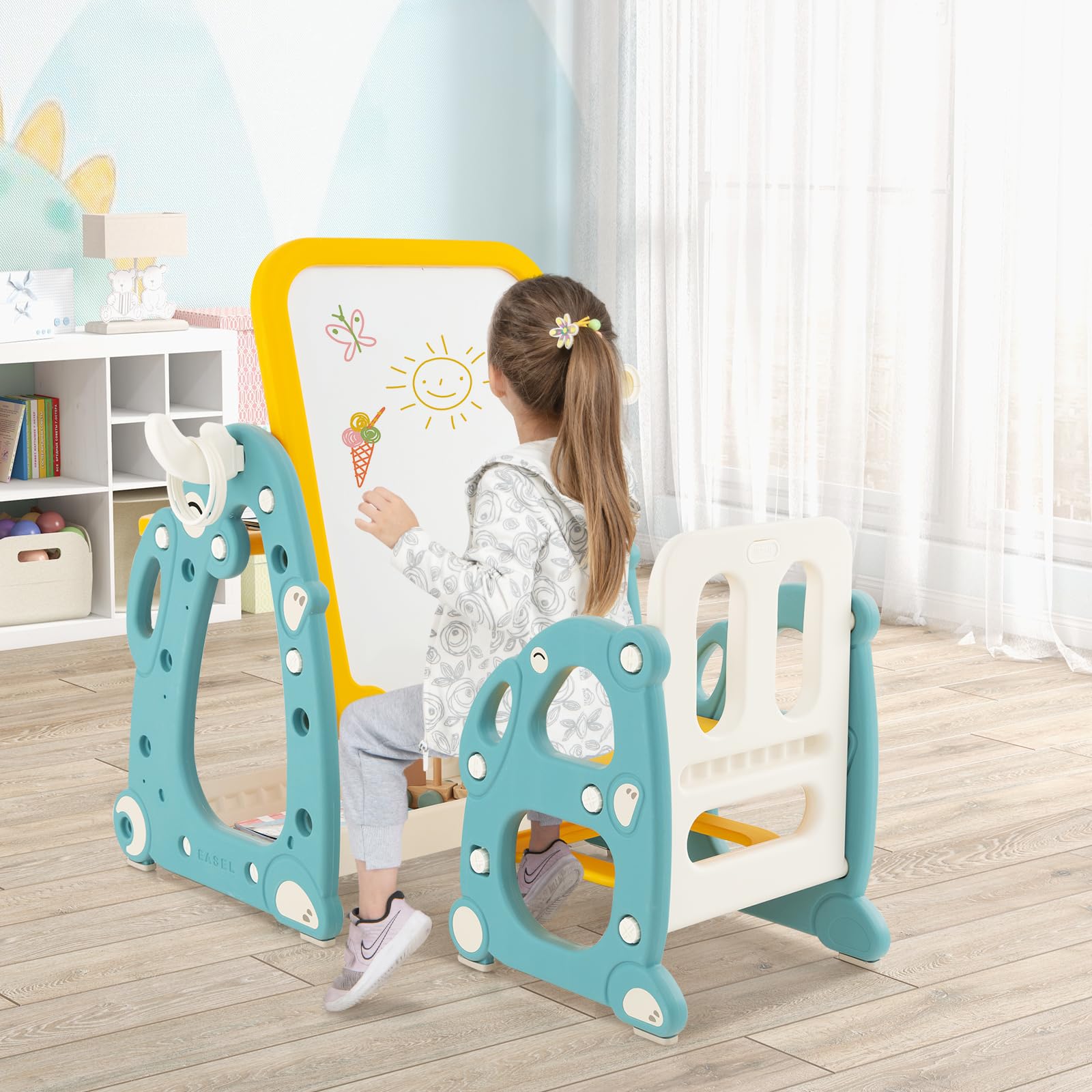 DREAMADE 4 in 1 Kinder Staffelei mit Stuhl, höhenverstellbare Kinderstaffelei mit Stauraum, Whiteboard, Teleskop & Ringwurfspiel, Kindertisch Aktivitätstisch Zeichentisch für Kinder von 1-8 Jahren
