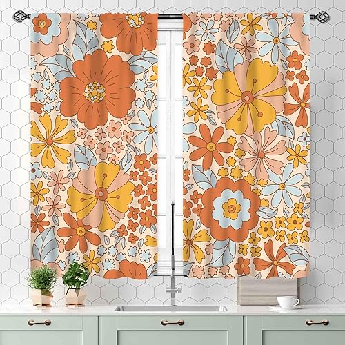 Miniatura 3 de Cortinas de cocina florales retro de los años 70 para ventana, diseño de flores naranjas hippie, estéticas, bohemias, opacas, pequeñas, cortas, para