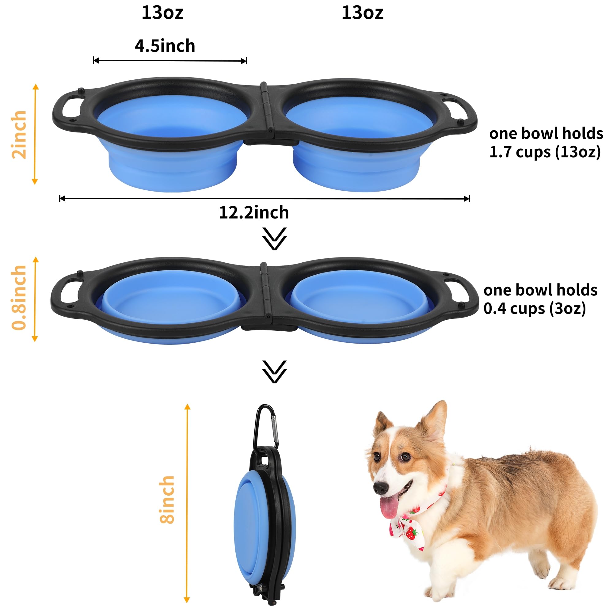 Ciotole pieghevoli per cani, ciotola portatile da viaggio per animali domestici, 2 in 1 espandibile in silicone per cibo e acqua per animali domestici, ciotola doppia per mangiatoia per gatti con