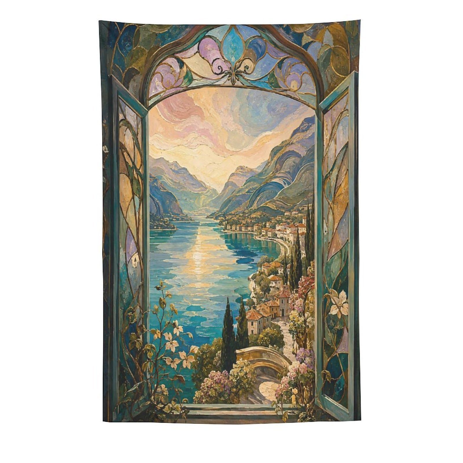 W7C8U2X3 Stained Glass Lake Window Wall Tapestry, Mosaic, Backdrop