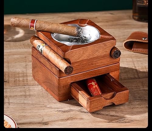 Miniatura 5 de Cenicero de cigarros de regalo Cenicero de madera con bandeja de vidrio para whisky, bandeja de ceniza de madera, forro interior de acero inoxidable