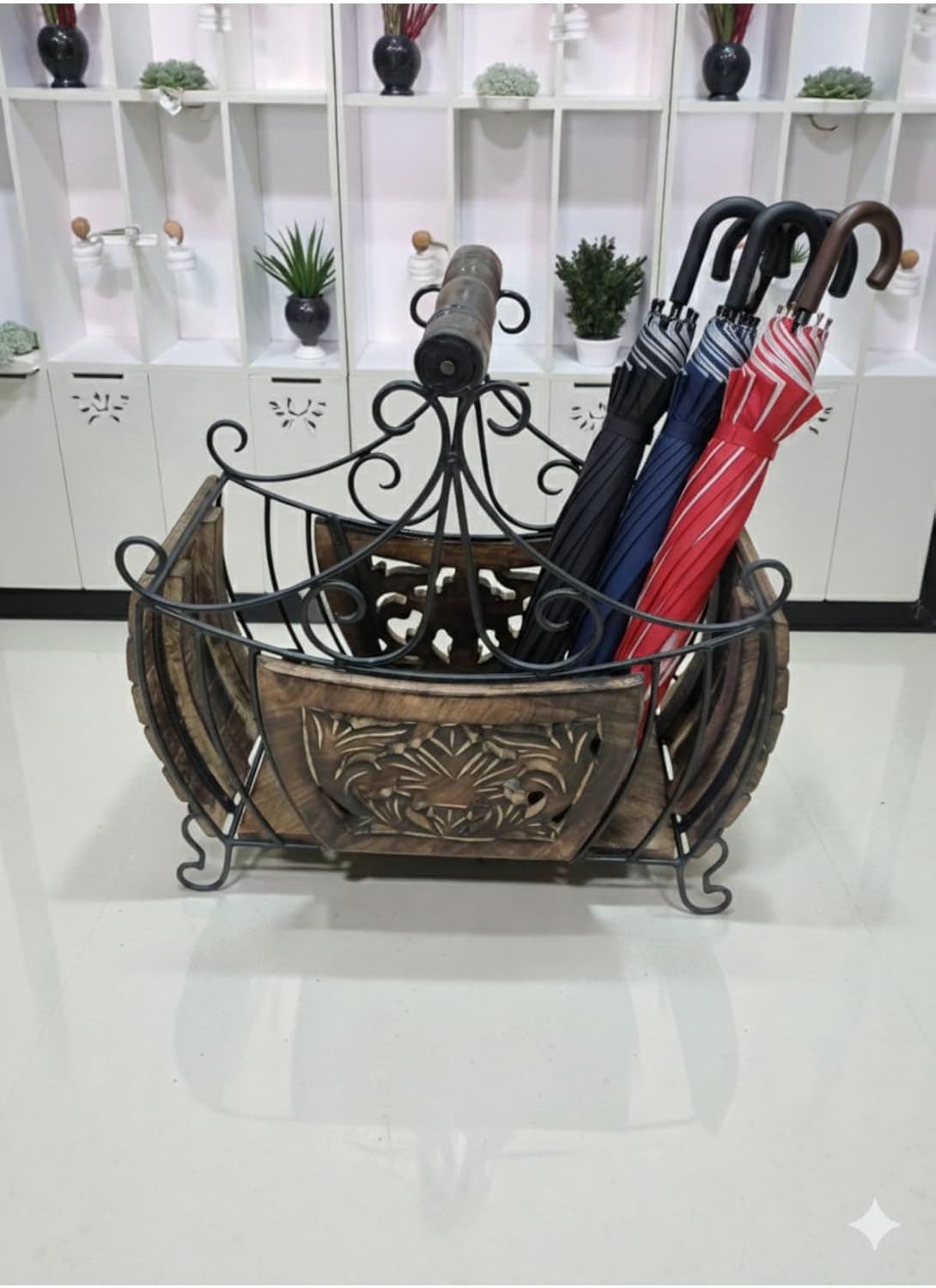 SODEF Wooden Hand Carved Cradle Design Newspaper and Umbrella Rack Authentic Decorative Entryway Organizer Brown - Brown