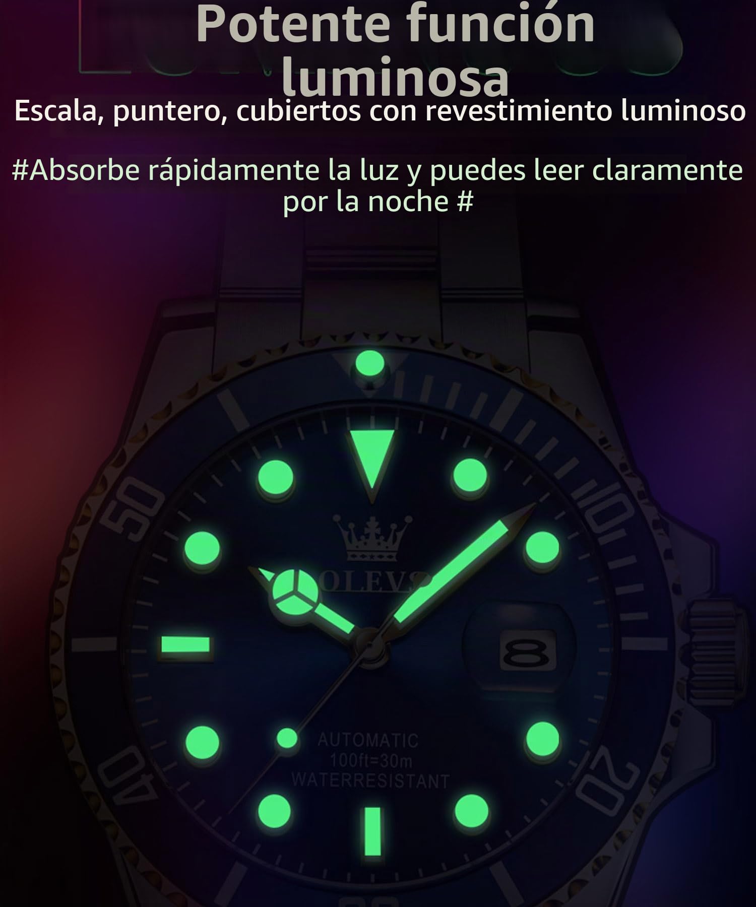 OLEVS Reloj mecánico para Hombre, Esfera Grande, Fecha, Impermeable, de Acero Inoxidable, con Brillo Nocturno, de Lujo, Totalmente automático