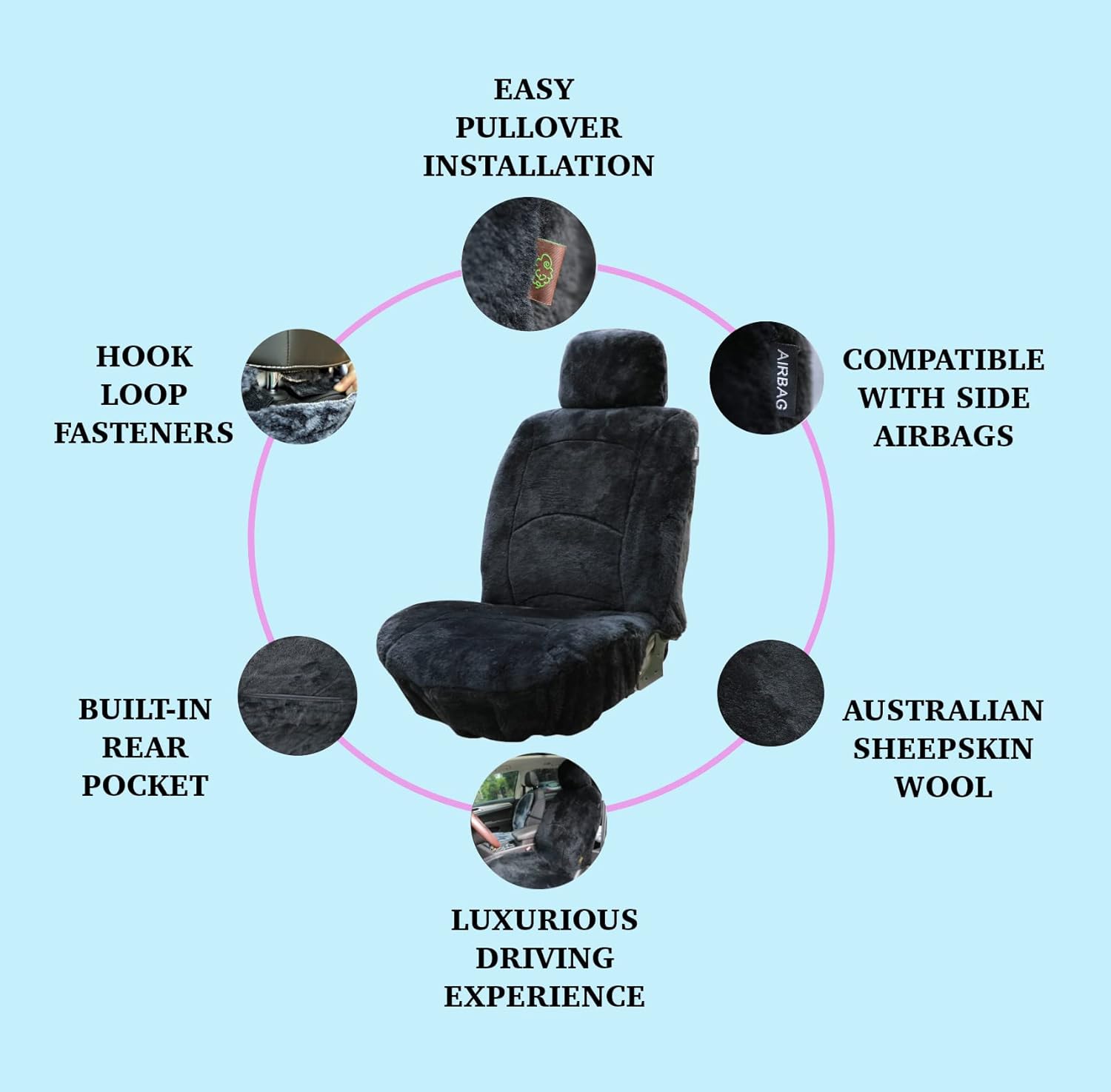 Genuine Sheepskin Seat Cover Lambskin Seat Cover Winter Car Seat Cover Lambs Wool Sheep Skin Fuzzy Shearling Car Accessories Front Bucket with Curve Patten (Black)