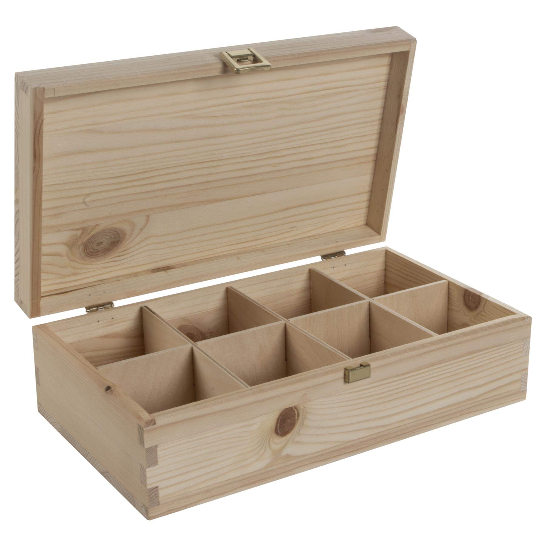 Woodeedoo Gold Large Rectangular Wooden Box With 8 Compartments And Clasp – 28 X 16 X 8.5 Cm Natural Pine Tea Bag Storage Organiser Keepsake Gift Box Diy Craft Personalised Decoration Unpainted
