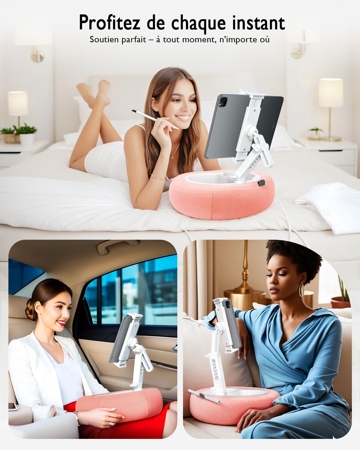 Miledi Support Tablette avec Coussin, Support Kindle, Coussin Support Rotatif à 360° Compatible avec Appareils de 5 à 12,9 Pouces, Support Téléphone pour Lecture au Lit, Rose