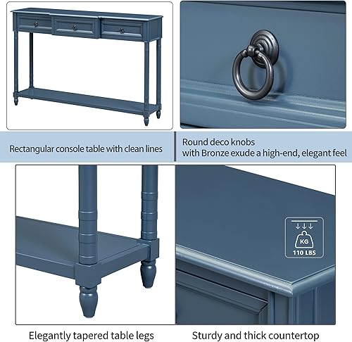 Miniatura 4 de Merax Mesa consola larga con 3 cajones para entrada, mesa de sofá rústica con estante de almacenamiento abierto, para sala de estar, pasillo, azul