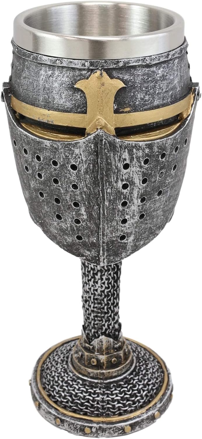Ebros Medieval Renaissance Crusader Knight Of The Cross Suit of Armor Helm Drinkware Serveware With Sculpted Chainmail Handle Stem Middle Ages Warrior Crusade War Decor (Wine Goblet Chalice)