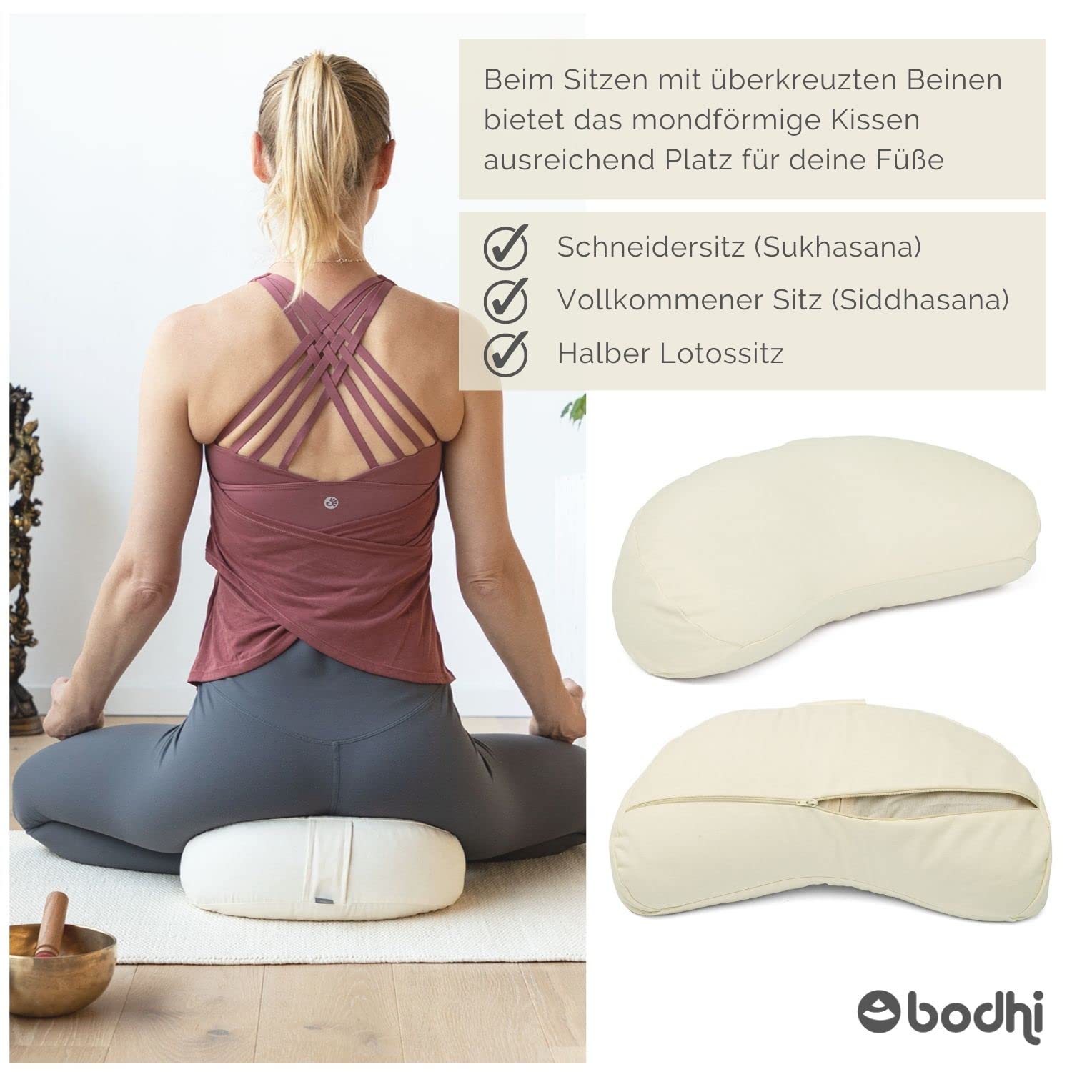 Bodhi Meditationskissen Halbmond | Yogi MOND ECO | Bezug aus 100% Bio-Baumwolle | Yogakissen halbmondförmig mit Buchweizenfüllung | Halbmondkissen für Yoga & Meditation