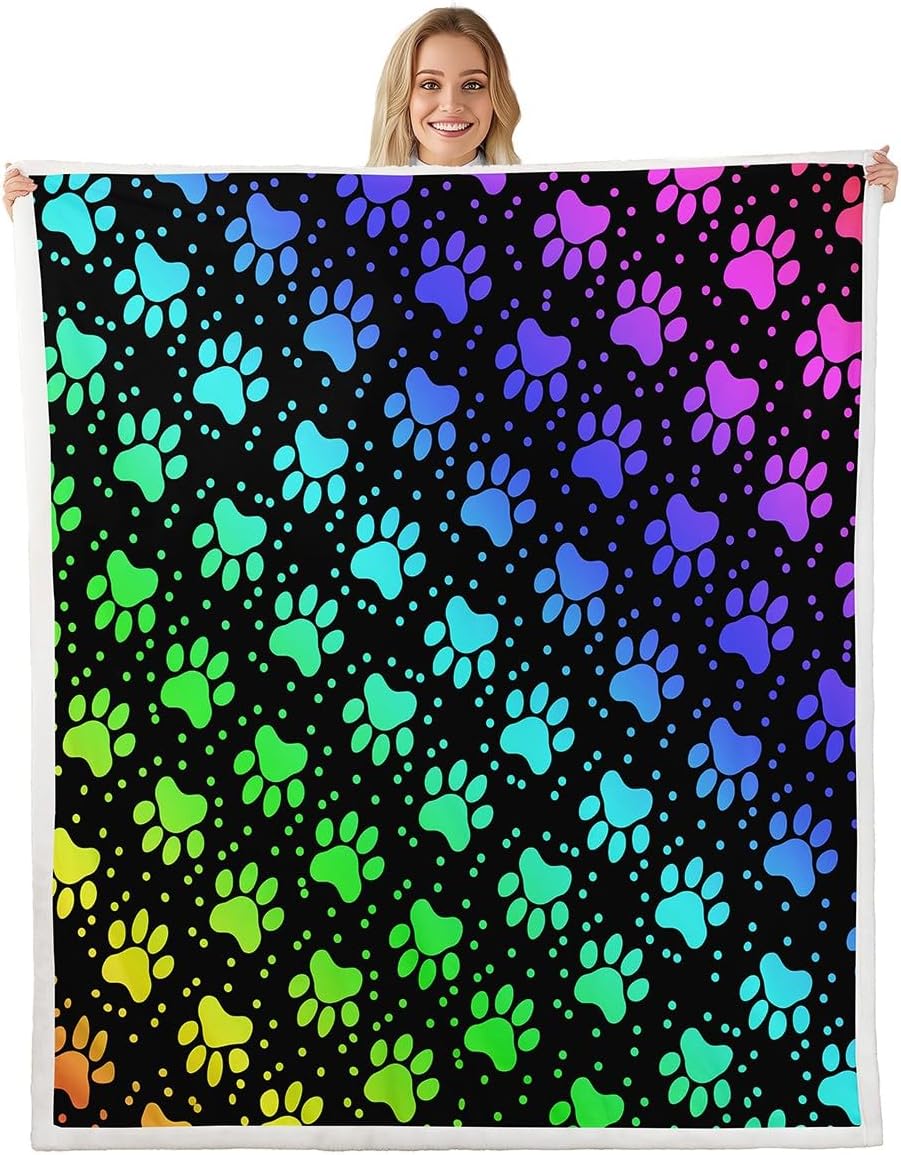 Castle Fairy Dog Paw Print Fleece Blanket,Rainbow Gradient Puppy Paw for Dog Lover Throw Blanket for Adult Man,Funny Pets Animal Lightweight Polyester Sherpa Blanket for Sofa, Queen (90 x 90 Inch)
