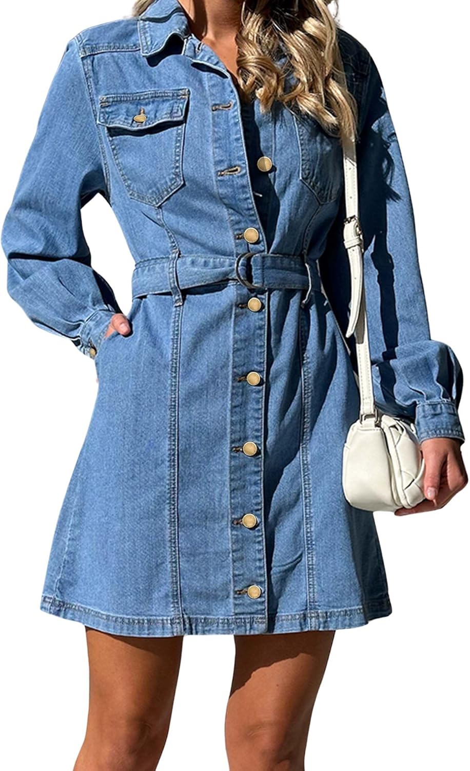 utcoco Womens Denim Dress 2025 Casual Long Sleeve Button Down Distressed Belted Jean Dress with Pockets