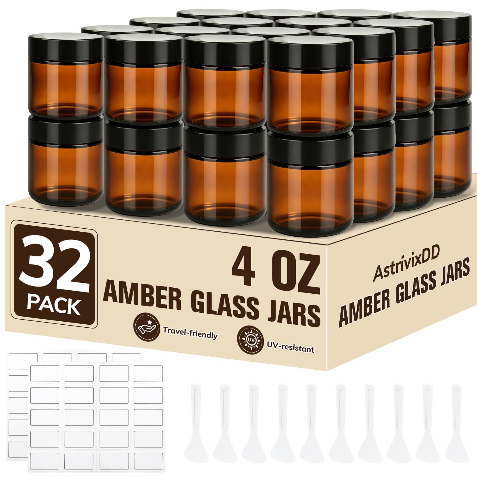 32 Pcs 4 oz Glass Jars with Lids,Amber,with 40 Labels &amp; 10 Spatulas