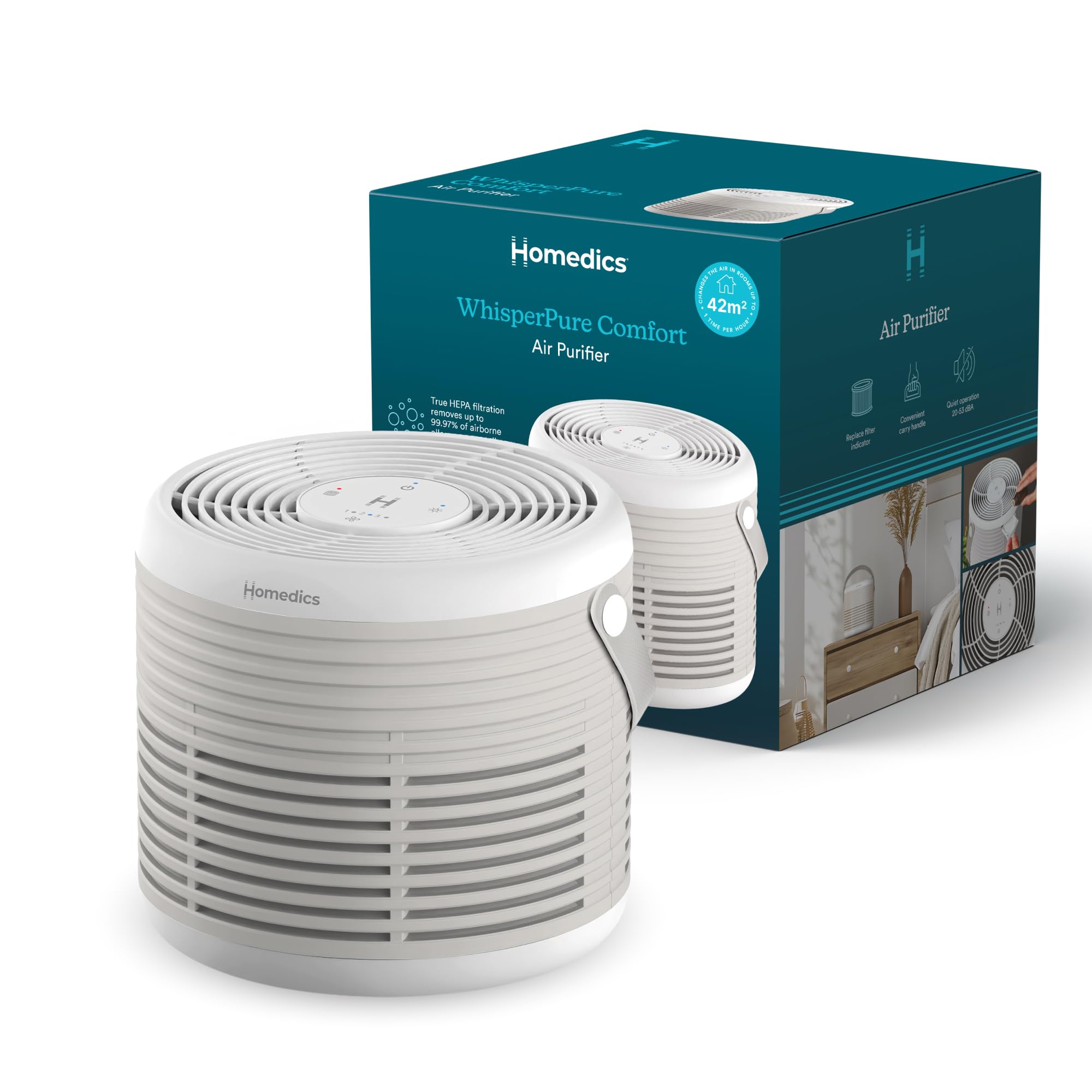 Homedics WhisperPure Comfort Luftreiniger, True HEPA, Beige | Für Zuhause & Büro, Leise, Tragbar, 3-in-1-Filtration, Gegen Staub, Pollen & Gerüche, 3 Geschwindigkeiten