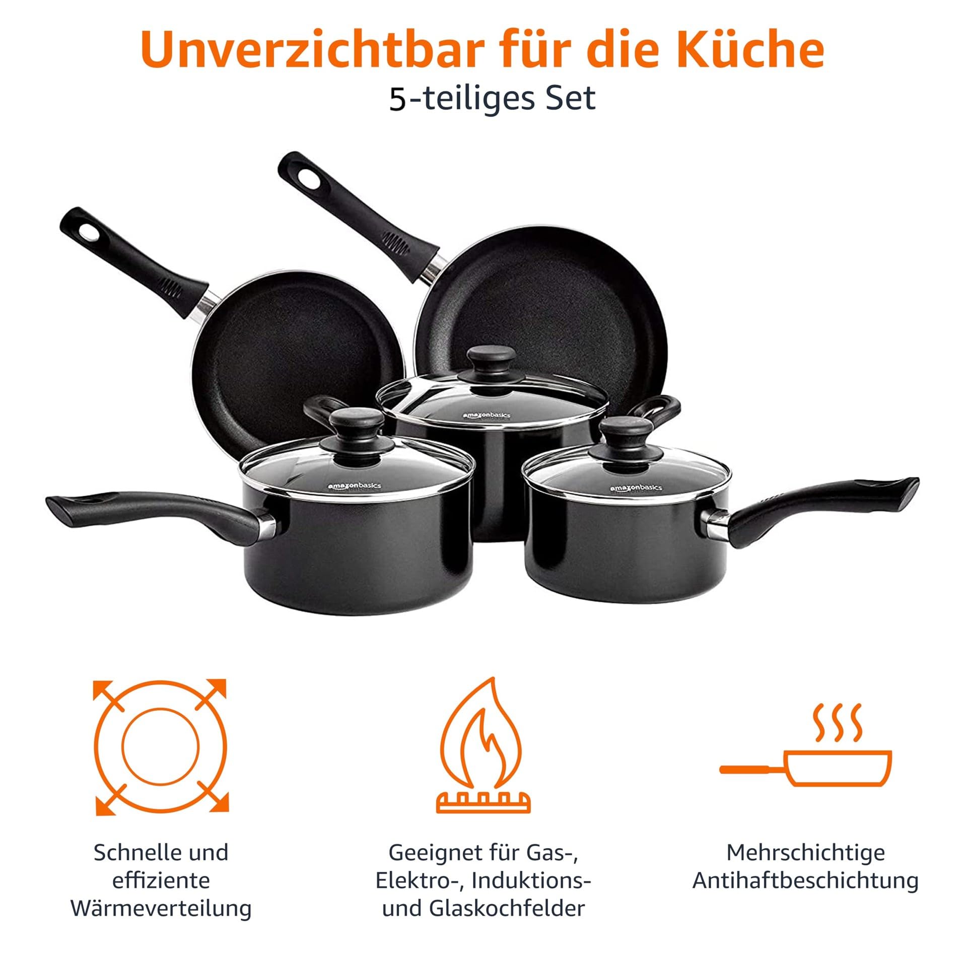 Amazon Basics Töpfe und Pfannen, Keramik-Antihaft-Kochgeschirr, 5-teiliges Set, Aluminium, Induktionsgeeignet, Alle Herdarten
