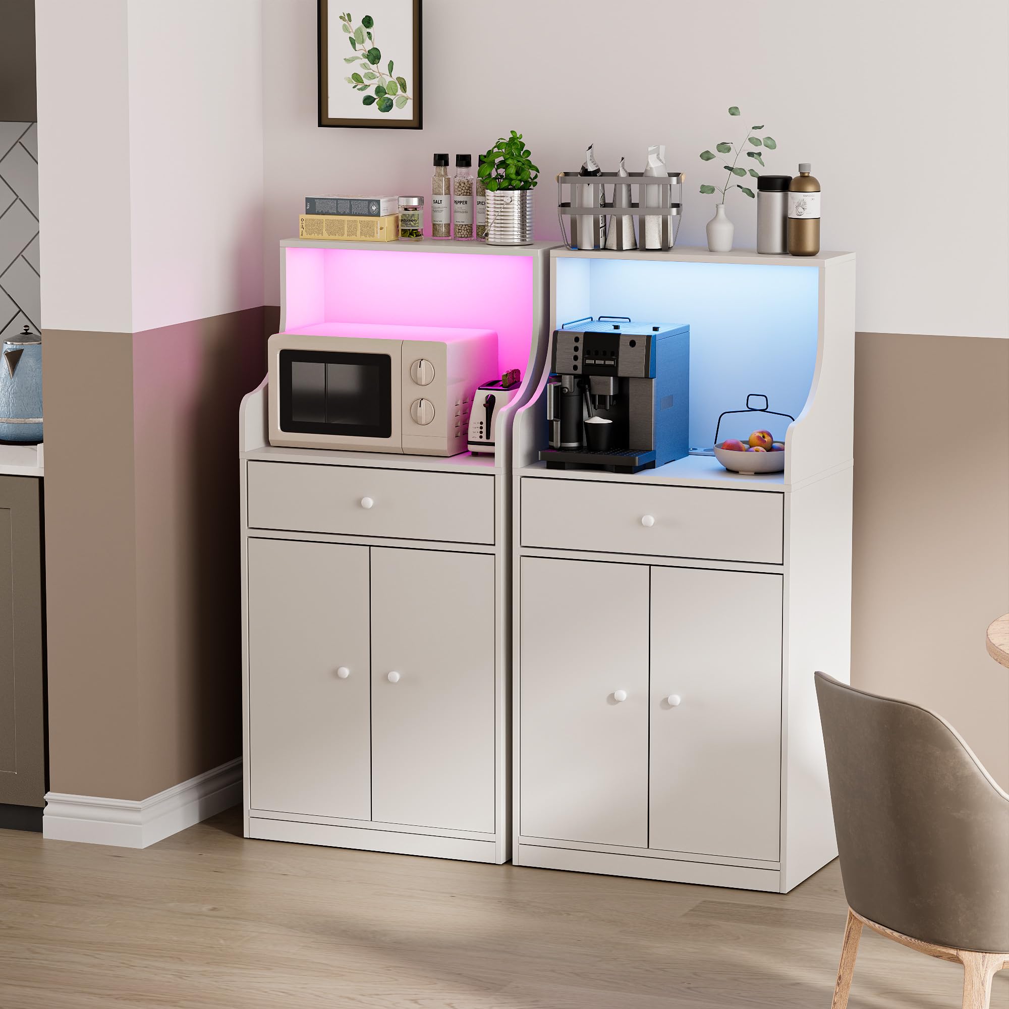 Küchen Möbel Küchenschrank Buffetschrank mit Steckdose und LED-Lichtleiste Küche Sideboard mit 1 Schubladen 1 Großer Schrank und Mikrowellenregal 60x 40x123 cm Anrichte für Esszimmer, Wohnzimmer Weiß