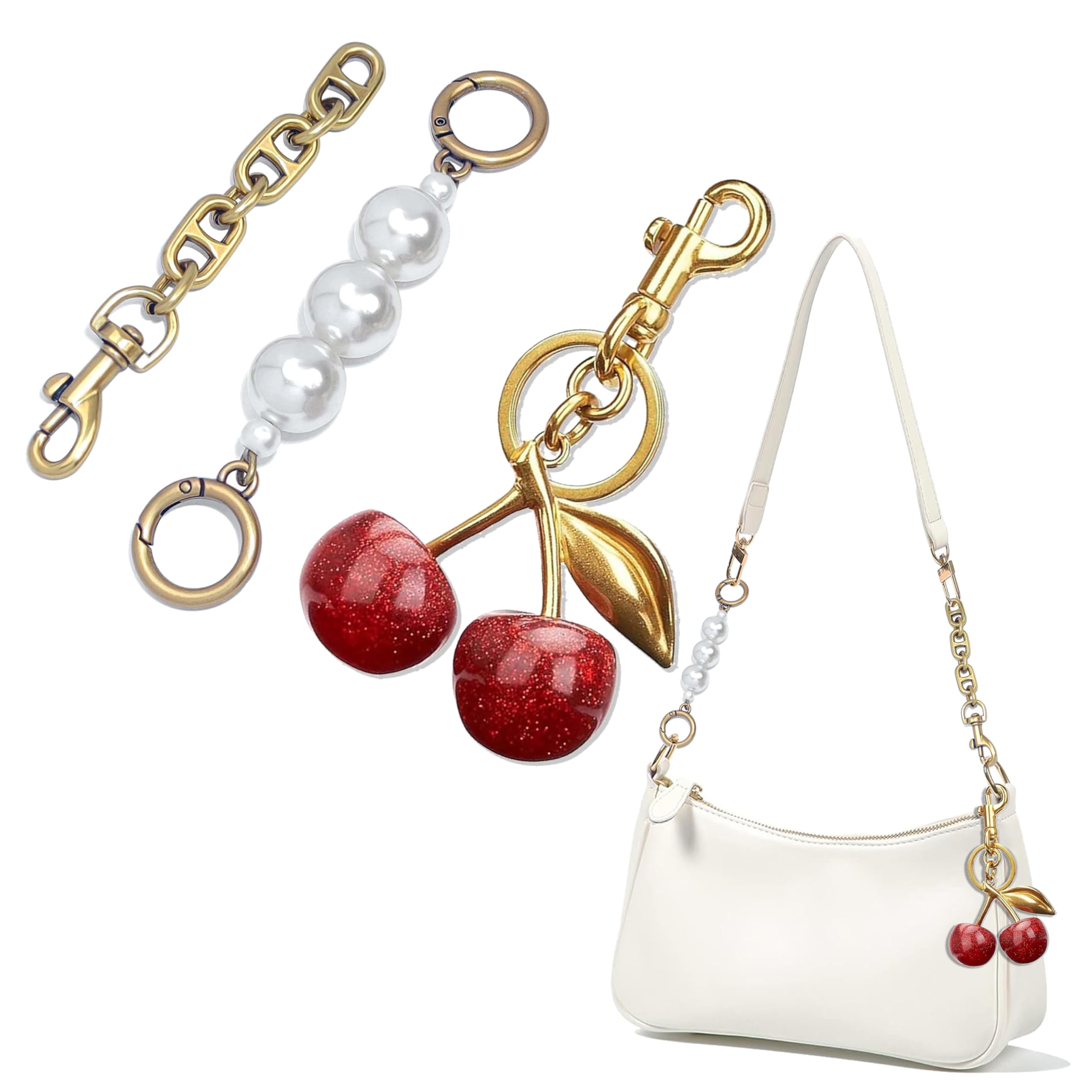 3PCS Vintage Pearl Bag Extender Chain Purse Strap Extenders Sweet Cherry Bag Charm Keychain Purse Handbags