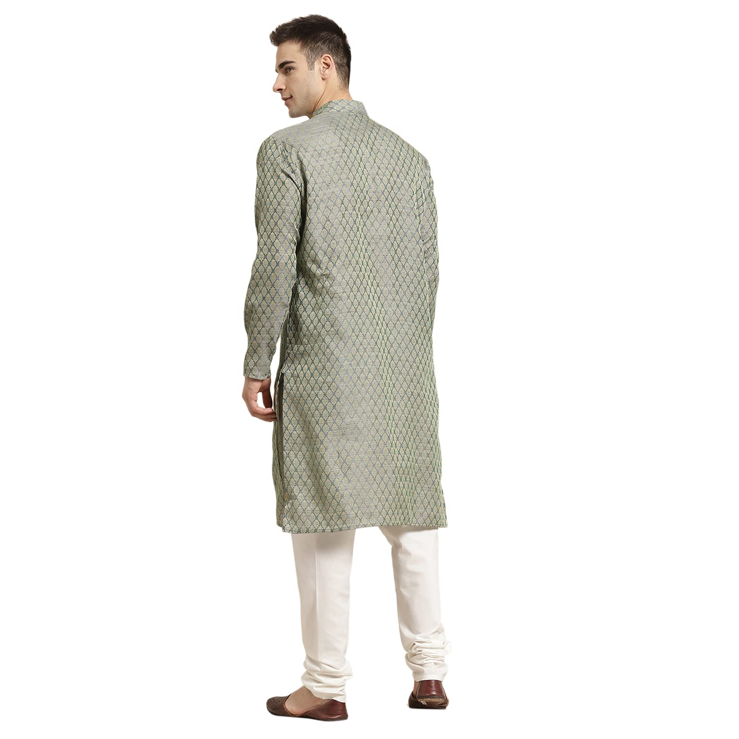 Sojanya (Since 1958 Men's Jacq Silk Teal Green Self Design Kurta & Off-White Churidar Pyjama Set
