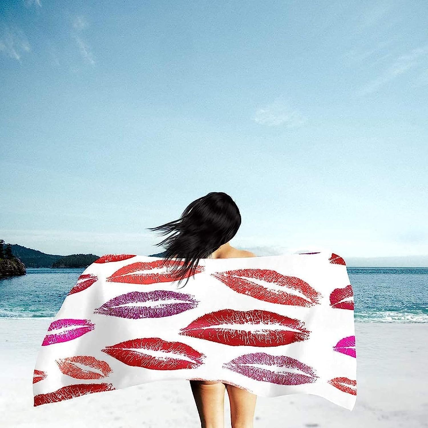 Strandtuch Cartoon-Rote Lippen 3D Badetuch Mikrofaser Campingtuch Schnelltrocknendes Handtuch Sandfrei Ultraweiches Reisehandtuch Tragbar Badetuch Für Reisen Strand Schwimmen Wandern XXL 200 X 2-2S2K