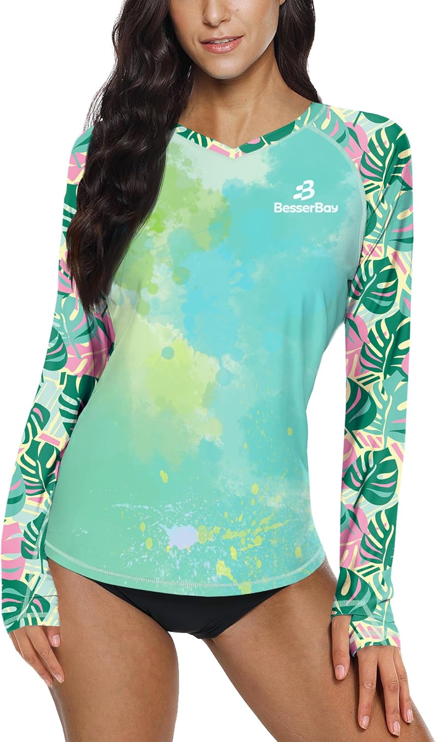 BesserBay Women's UPF 50+ V Neck Thumb Holes Long Sleeve Rashguard Top Shirt