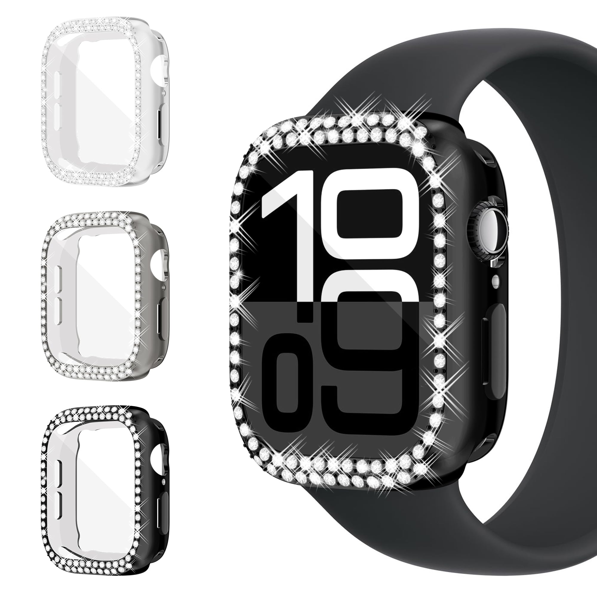 YUVIKE 3-Pack Bling Watch Screen Protector for Apple Watch Series10 46mm, Glitter Case TPU Soft Cover Full Protection with Sparkly Rhinestones 46MM (Black/Silver/Clear)