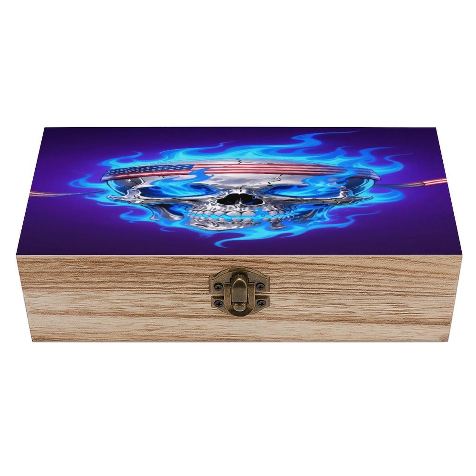 VstaDank Fire USA Flag Skull Wooden Box Sturdy Vintage Storage Box with Hinged Lid Exquisite Wood Keepsake Boxes Large Jewelry Case Cute Trinket Holder Unique Gift for Men & Women