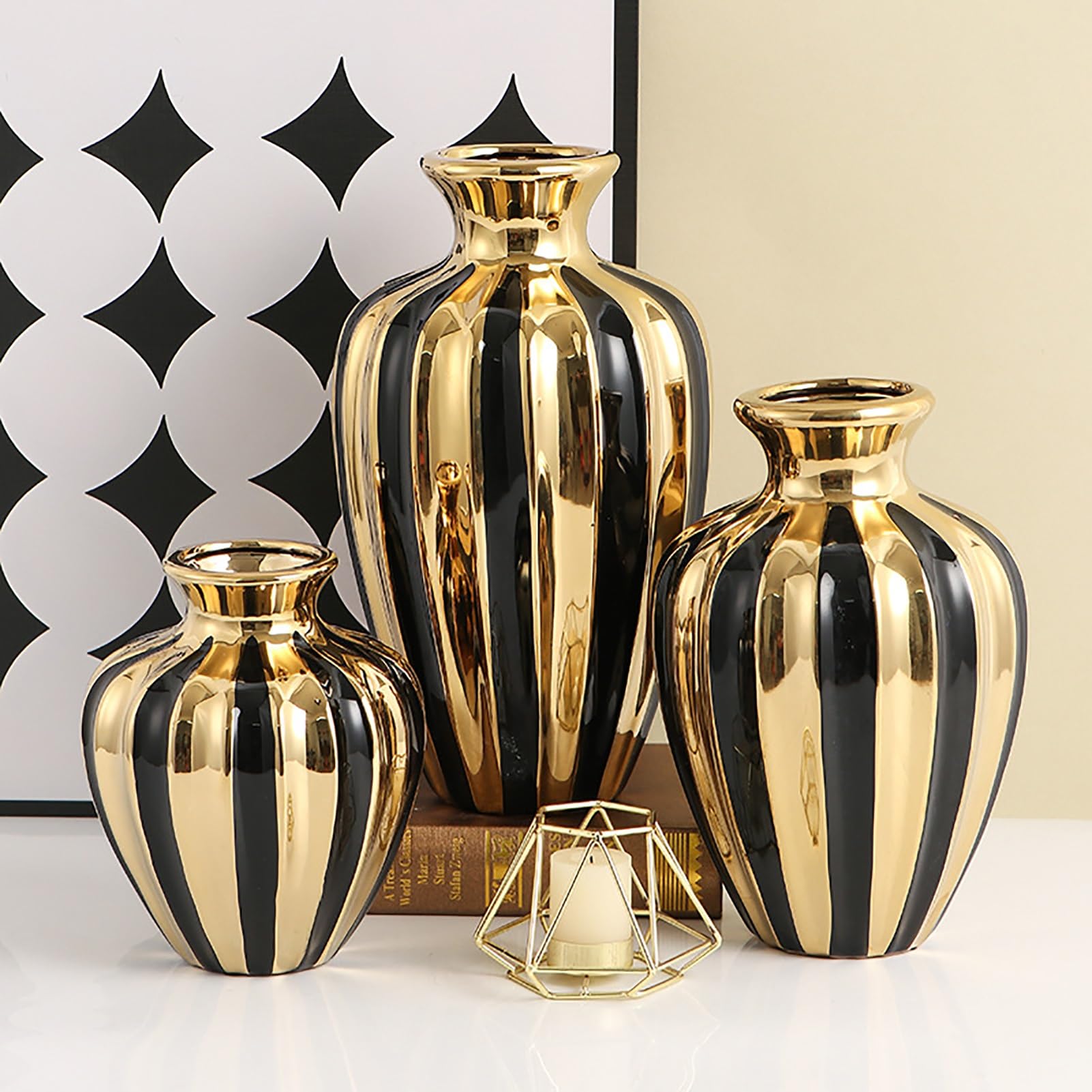 Luksusowy Ceramiczny Wazon W Kolorze Czarnego Złota, Elegancki Słoik Na Imbir- Kreatywne Wazony Na Kwiaty Wystrój Domu - Do Trawy Pampasowej, Salonu, Stołu Jadalnego, Prezentu(33CM/13INCH)
