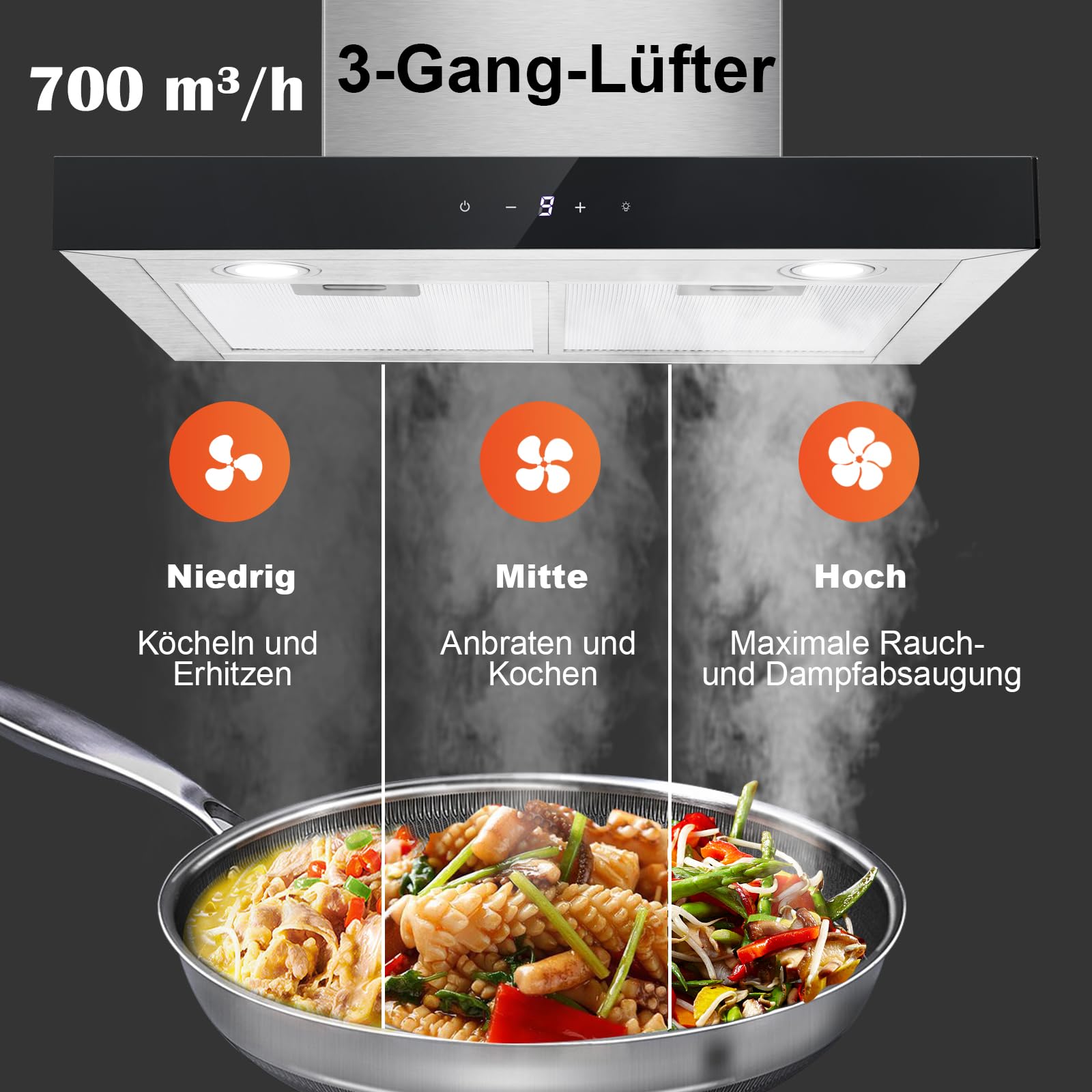 Dunstabzugshaube 60cm TopStrong, Dunstabzug mit 700 m³/h Luftstrom, Edelstahl, 9 Stufen Soft Touch Steuerung, 2W LED-Licht, Abzugshaube Umluft/Abluft