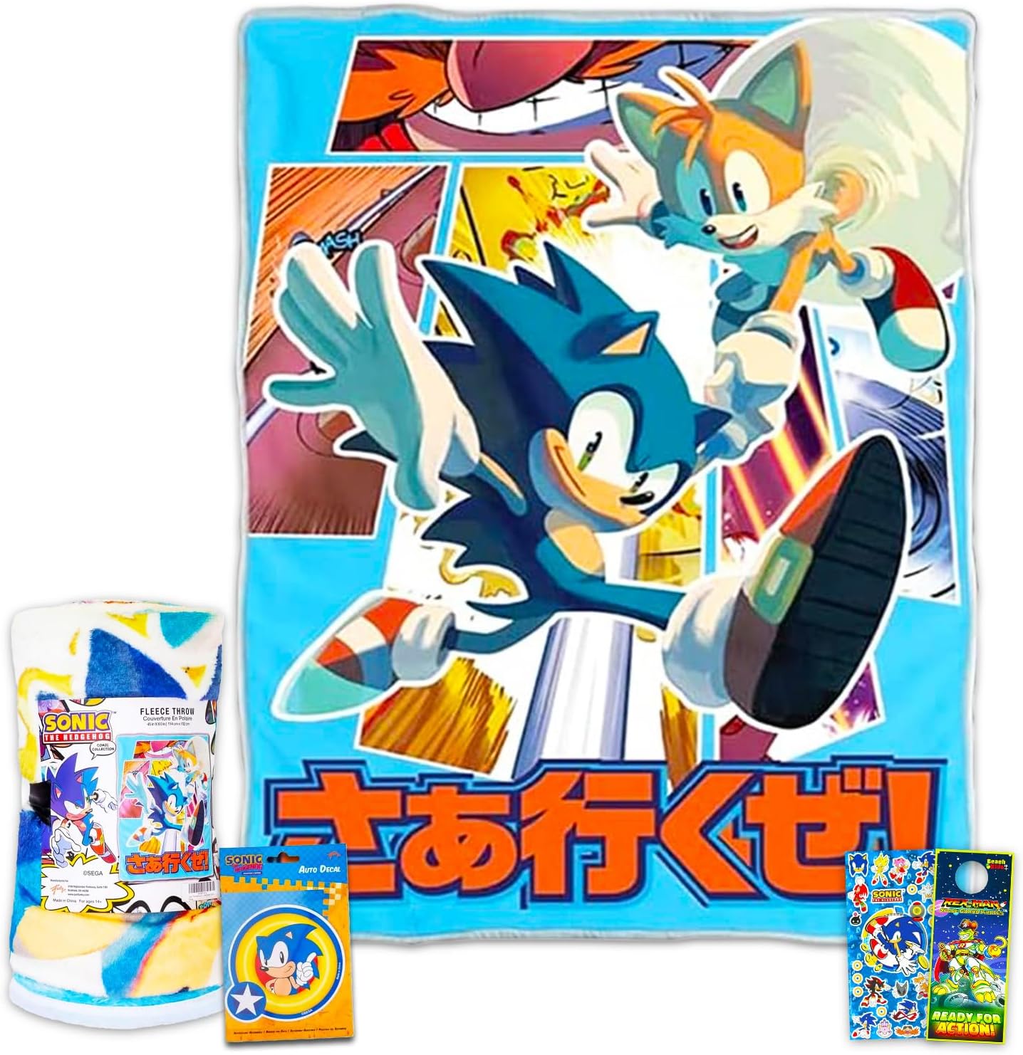 Sonic The Hedgehog Fleece Blanket Set - Bundle with Soft Video Game Blanket Plus Air Freshener, Stickers, More for Kids, Adults, Children | Cozy Sonic Fleece Blanket 45" x 60"