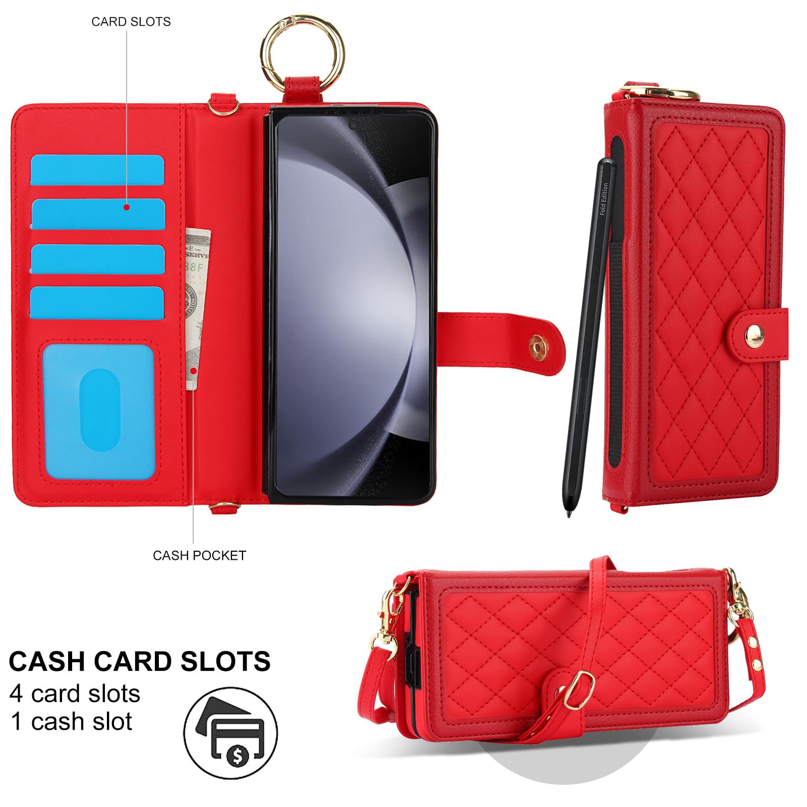 Skórzane etui do Samsunga Galaxy Z Fold 6, modny portfel z klapką, etui na telefon komórkowy z 4 miejscami na karty i uchwytem na długopis S, pasek na nadgarstek, etui z podstawką, czerwone