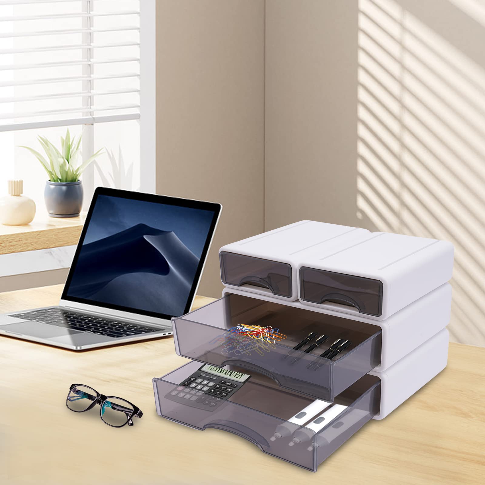 Organizador de Literatura apilable para Escritorio con 4 cajones, Organizador de Papel de 3 Niveles, Caja de plástico para el hogar, colección de cosméticos (Blanco)