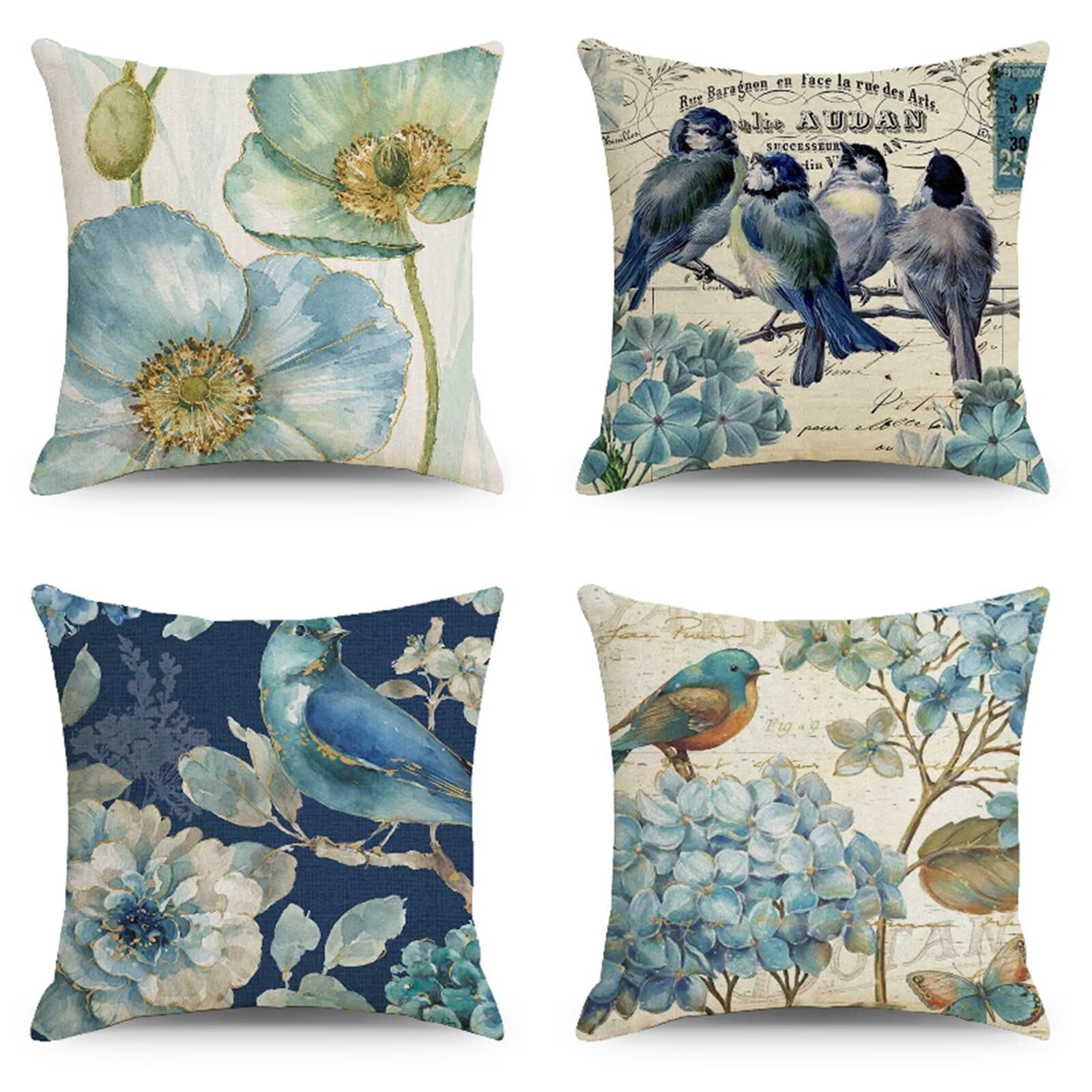 Juego de 4 Azul Moderno Fundas de Cojines,Flores abstractas Cojines Decoracion Impermeable 65x65cm,Otoño Fundas Cojín Lino Decorativas,Sofá Sala de Estar Exterior Jardín Cojin,Cremallera Oculta HY-542