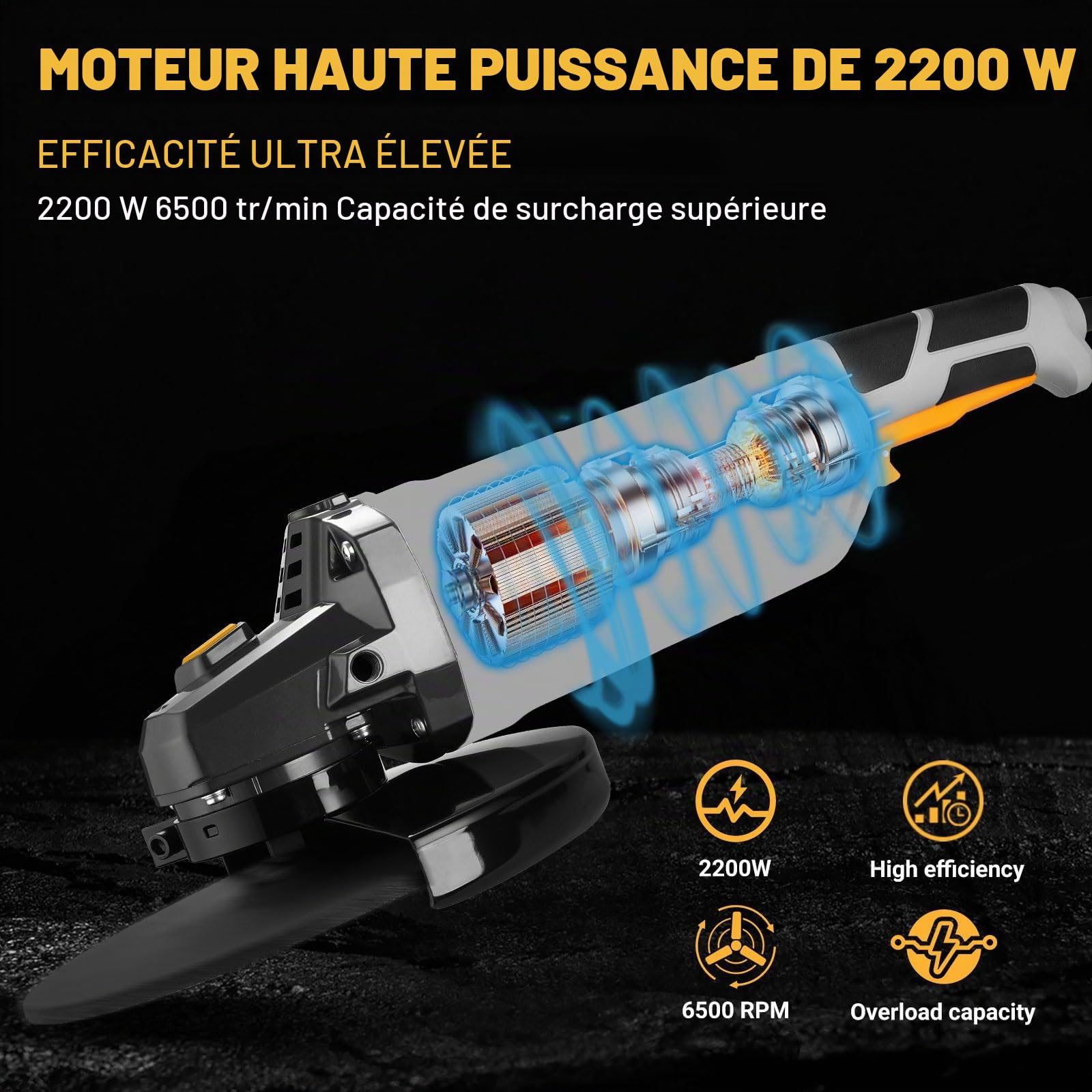 DEKOPRO Meuleuse d'Angle 2200W φ230 mm Poignée Auxiliaire, pour Couper, Polir et Poncer