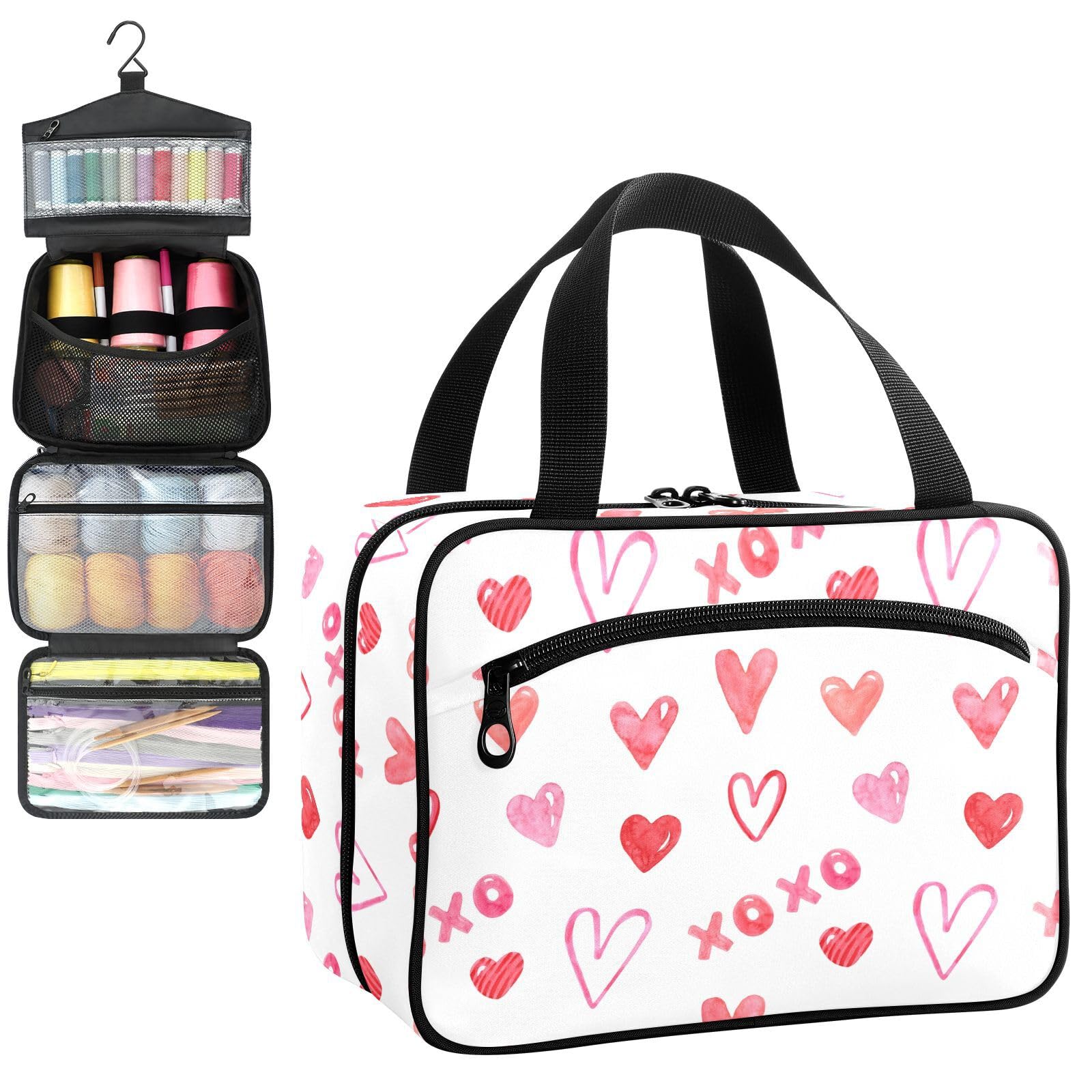 YNNALE Sewing Supply Organizer Bag, Xo Love Heart Pink Valentine's Day Hugs and Kisses Holiday Portable Sewing Bags with Pockets&Hanger, Sewing Storage Box Case for Sew Supplies/Kit/Tools/Accessories