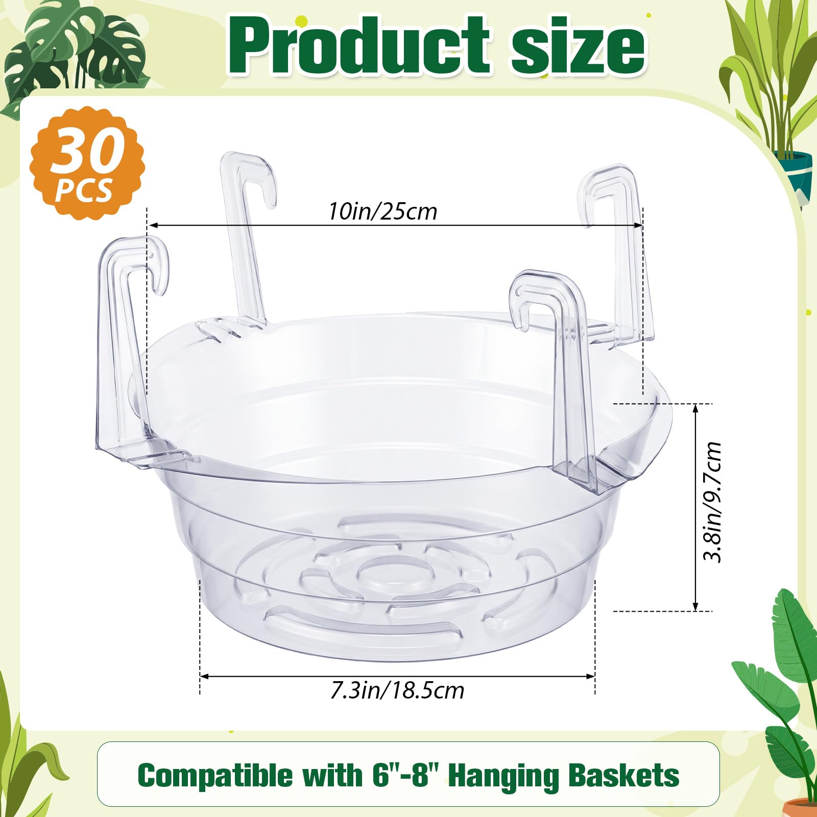 Condition photo showing New/Like New for tandefio 30 pcs 10 inch hanging plant water catcher tray bulk, plastic clear plant saucer drip pans hanging basket water catcher for indoor outdoor basket flower pot