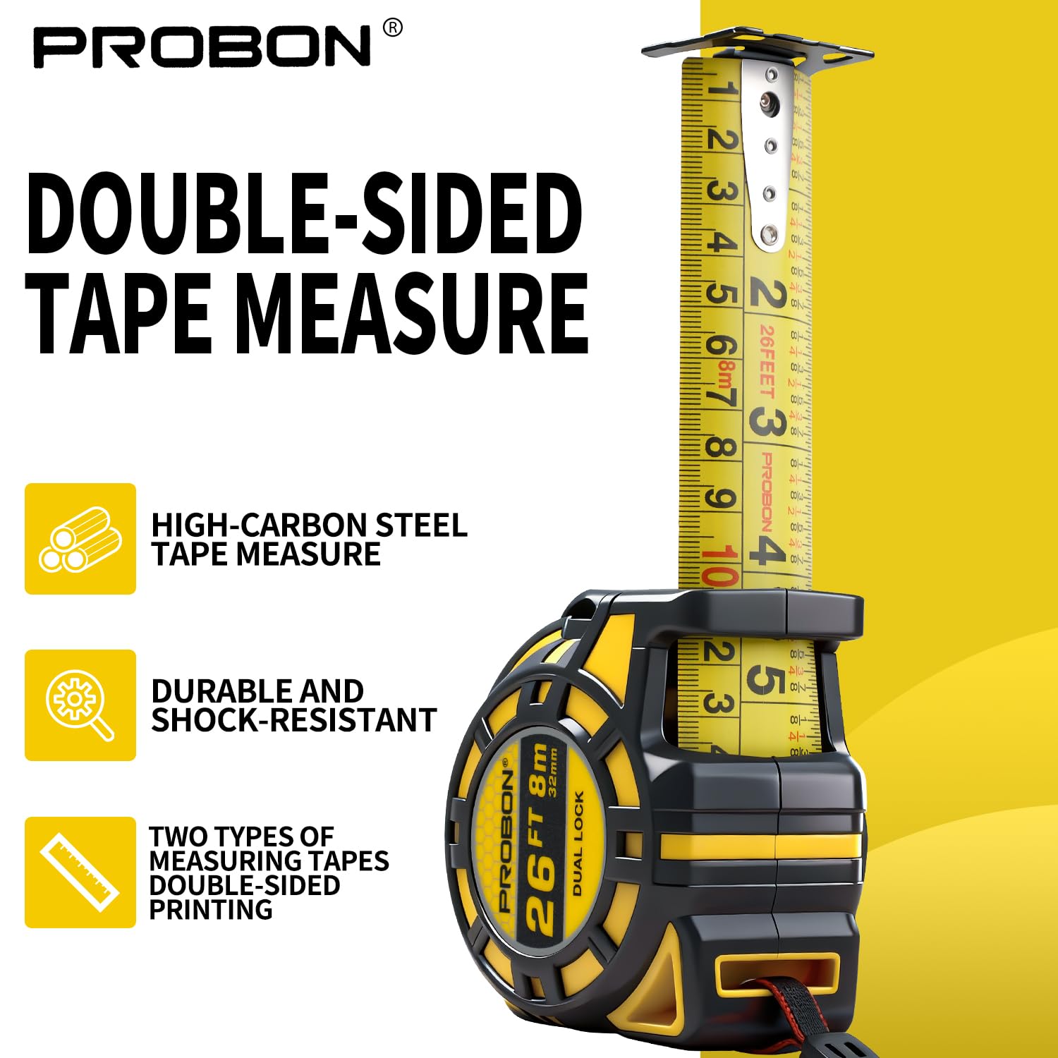 26ft Tape Measure with Magnetic Hook, 32mm Wide Blade, 10.5ft Standout, Double-Sided Metric & Imperial Scale with Fractional Inches, Dual Brake Lock, Shock-Resistant for Construction, Carpentry & DIY