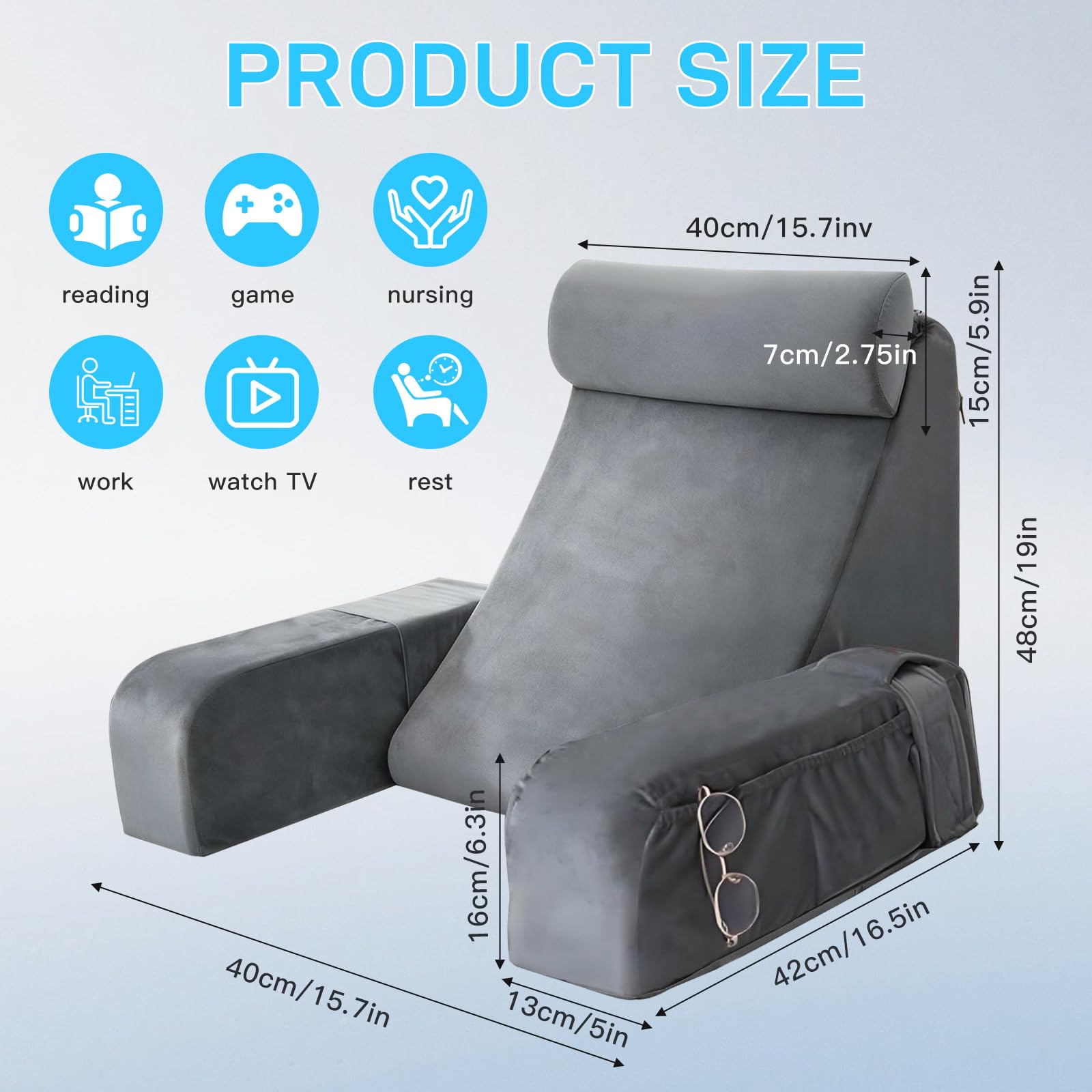 Bocguy Cojín de Lectura para Adultos，Cojín de Respaldo Suave para Lectura y Descanso - Comodidad Total en Cama o Sofá con Soporte Lumbar y Bolsillo para Guardar tu Teléfono y Mando