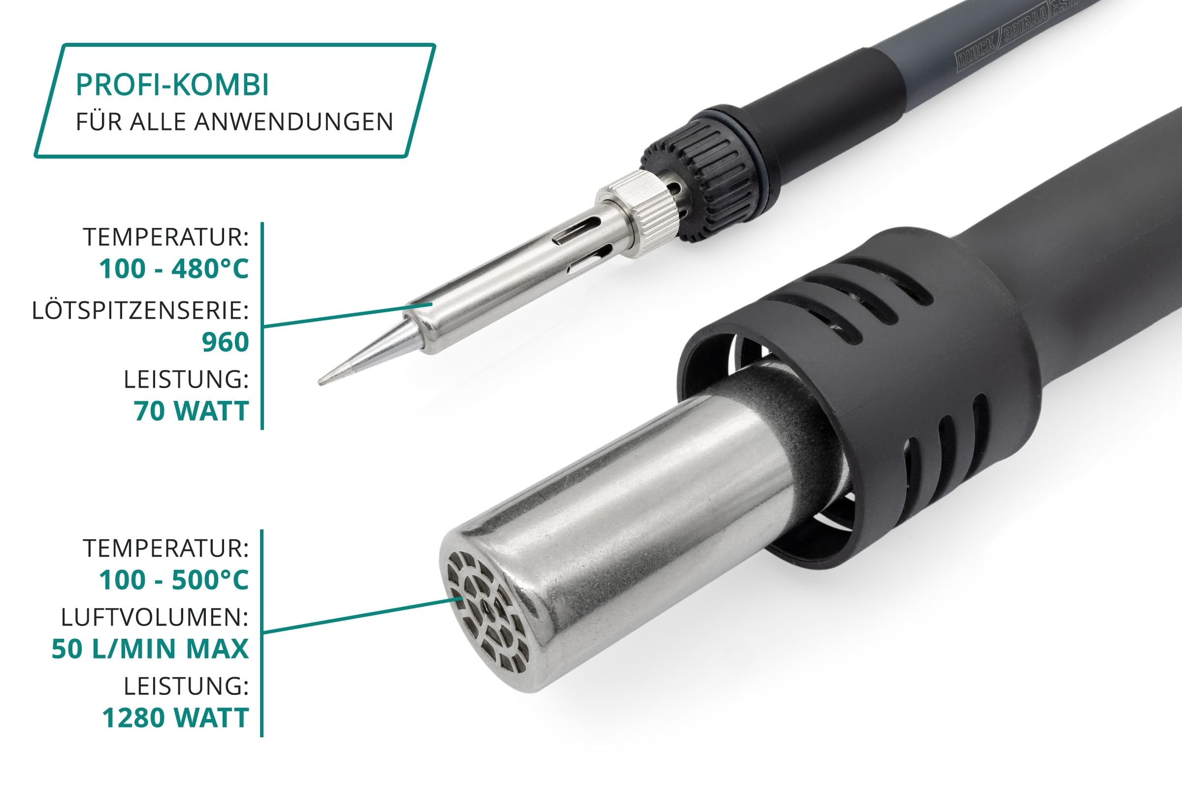 QUICK 709D+ 2in1 Reworkstation Sensor-geregelt und digital einstellbar 1350 Watt, Heißluft 100-500°C bis 50L/Min, 70 Watt Lötkolben bis 480°C - SMD Reworkstation - Standby - Auto-Kühlsystem