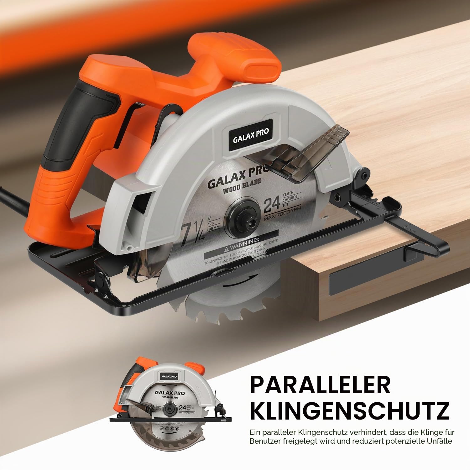 GALAX PRO Kreissäge, 1400W Maximale 6000RPM, Einstellbare Schnitttiefe und -winkel: 62 mm (90°) - 48 mm (45°), Sägeblatt-Ø: 185mm, für Holz, Weichmetall, Plastik, PVC