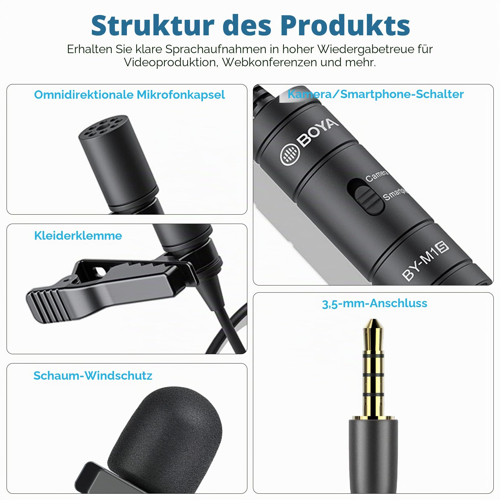 BOYA BY-M1S Professionelles Lavalier-Revers-Mikrofon Omnidirektionales Kondensatormikrofon für iPhone, Android, Smartphone, DSLR, Camcorder, Audio-Recorder, PC Laptop Aufnahme