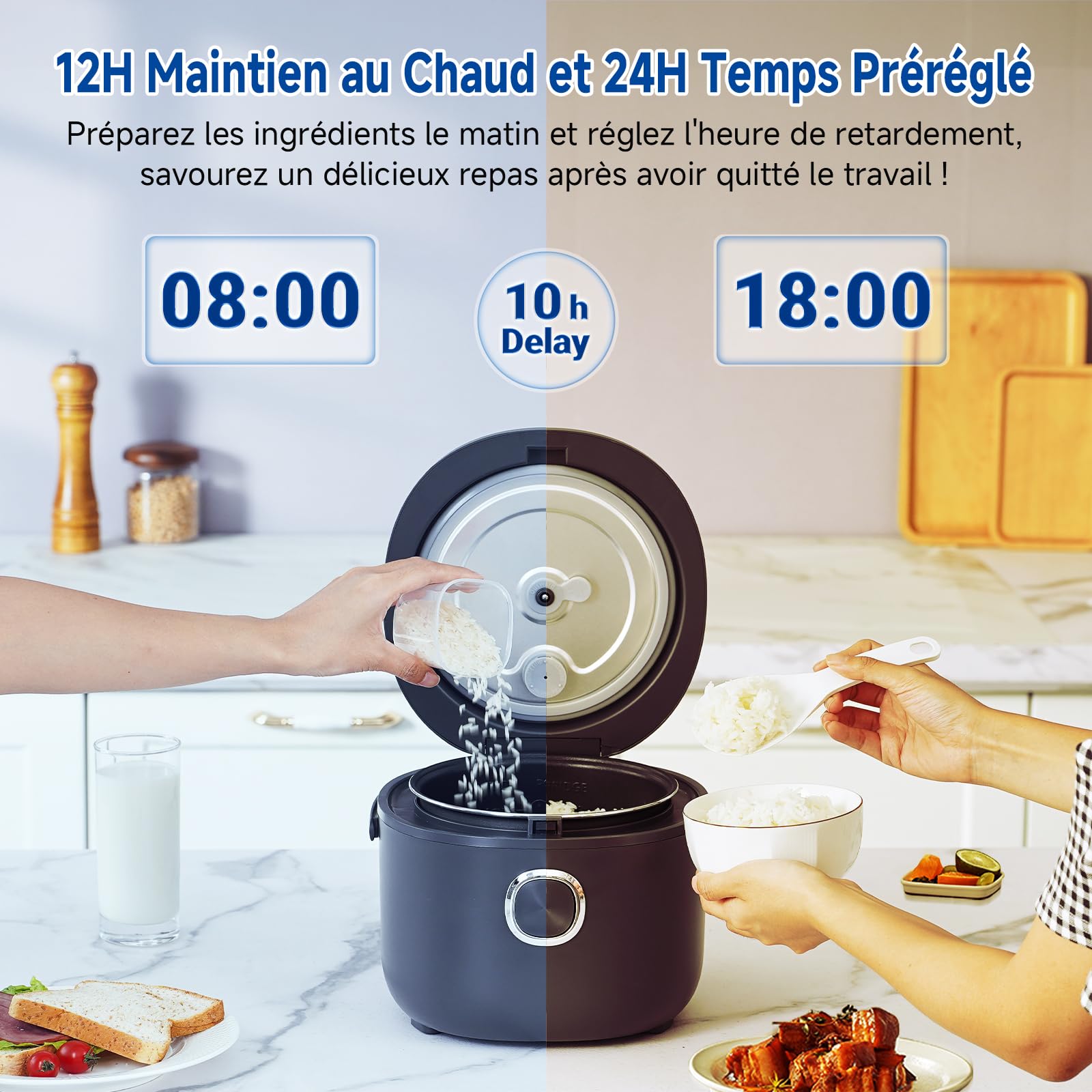 Cuiseur à riz AMZCHEF 2L, cuiseur à riz électr. avec 12 menus prédéf., affichage num., 4 tasses pour 1-4 pers., minuteur 24H et maintien au chaud 12H, poignée de transport, panier vapeur, 400W