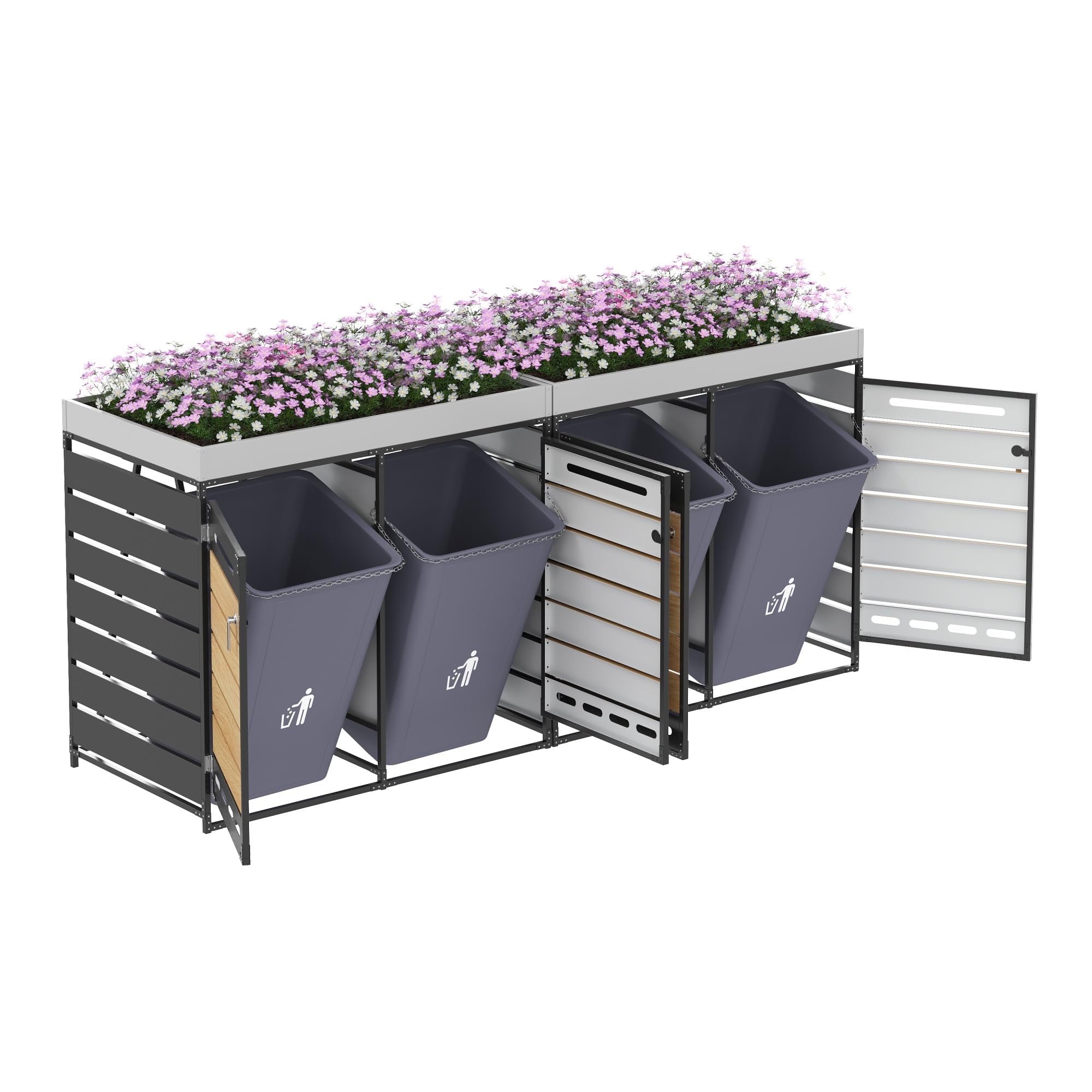 Merax Caja de almacenamiento para cubos de basura de 4 puertas, con jardinera, armario de almacenamiento de hierro para jardín con ventilación de agujeros largos, revestimiento para cubos de basura