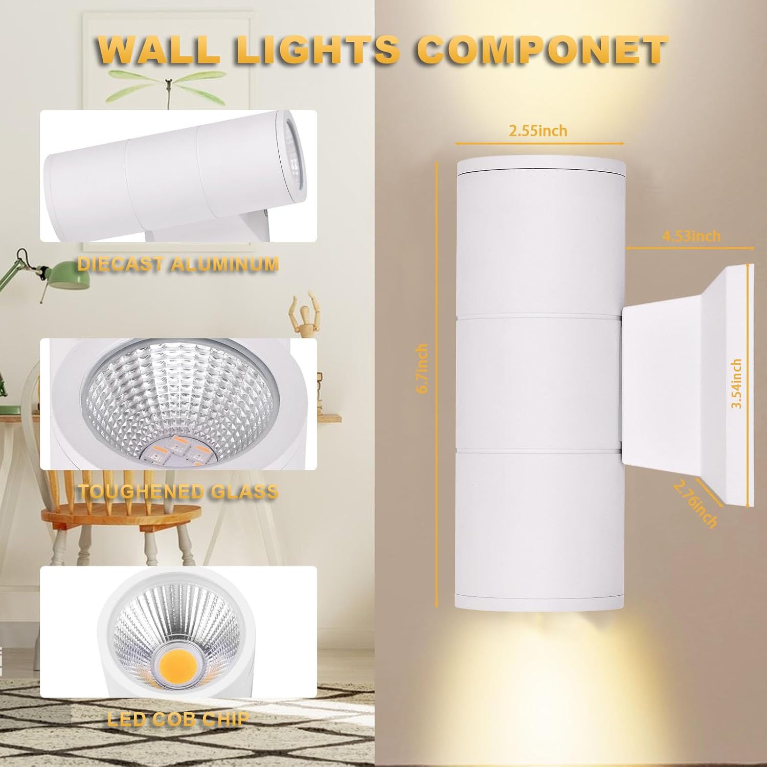 3-Color 15W LED Up Down Wall Light,110V~260V Bright LED Wall Sconces with Remtoe for Living Room,Hallway Corridor,Exterior Front Door Porch 2700K~6500K, 1500lm White 2 Pack