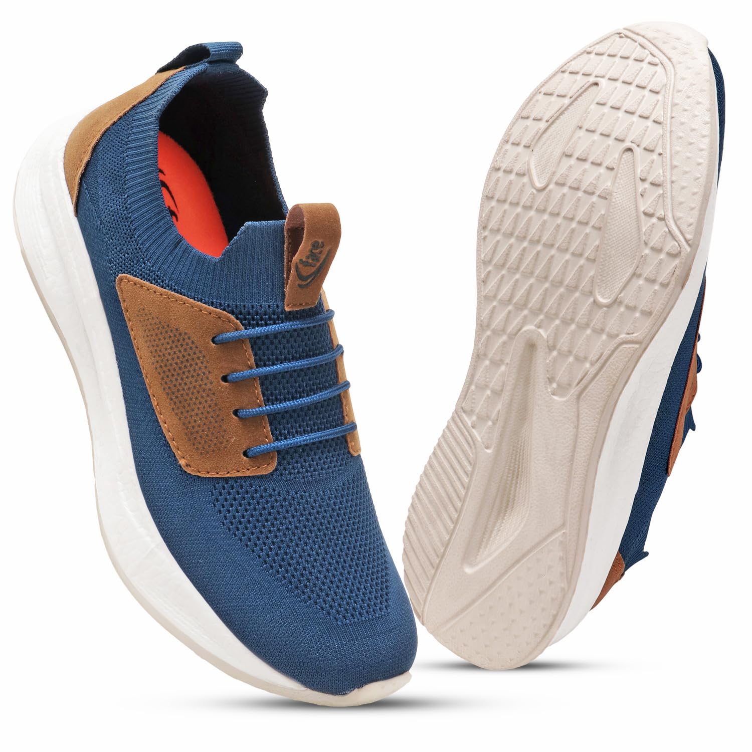 Face Men's Running Shoes, Black and Teal Blue withTan Knit Upper with Suede Overlays, Lace-Up Sneakers-picture-50