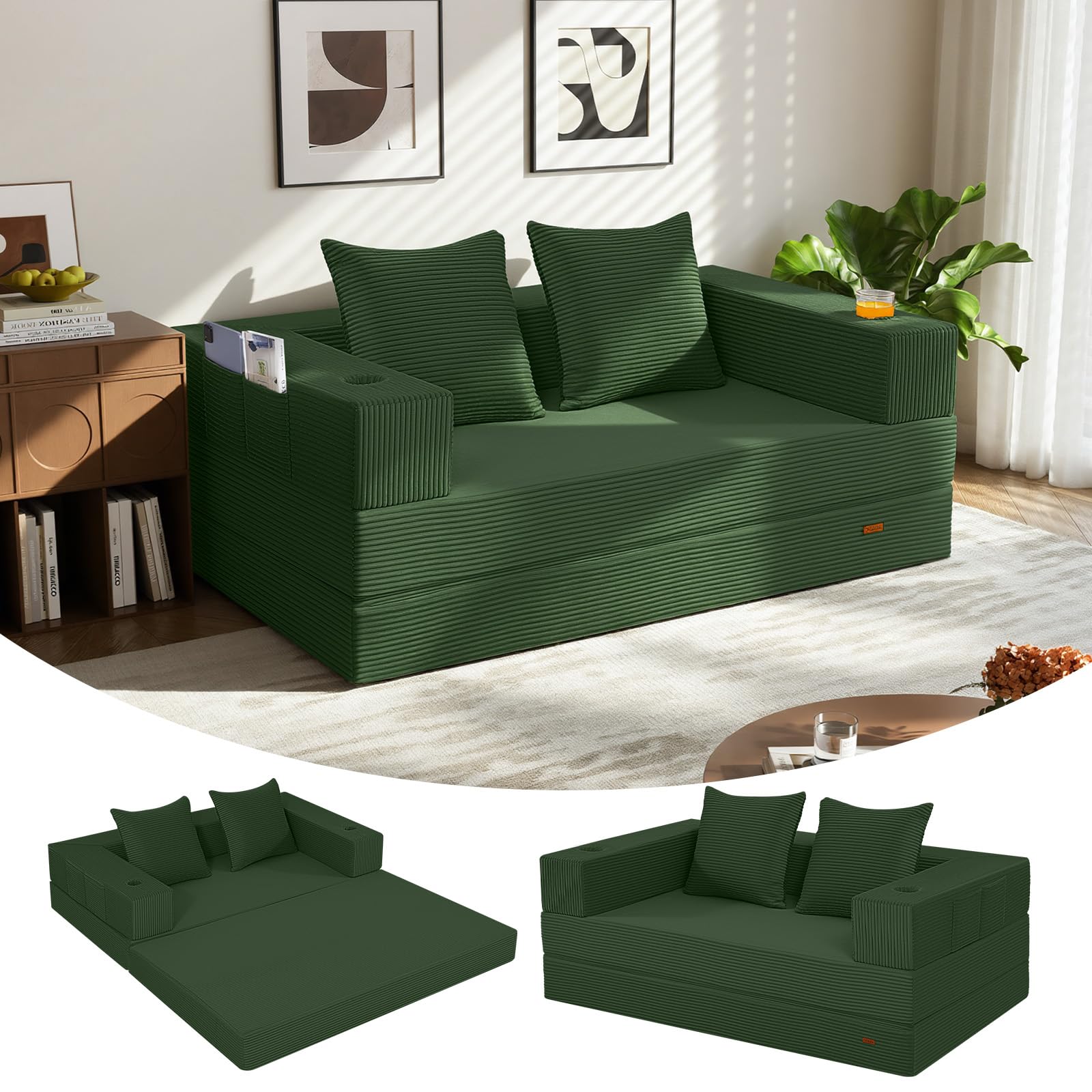 MeMoreCool Convertible Floor Sofa Bed, Corduroy Folding Boneless Couch for Small Spaces, High-Density Foam Fold Out Guest Bed with Removable Washable Cover, No Assembly Futon Sofa for Flats, Green