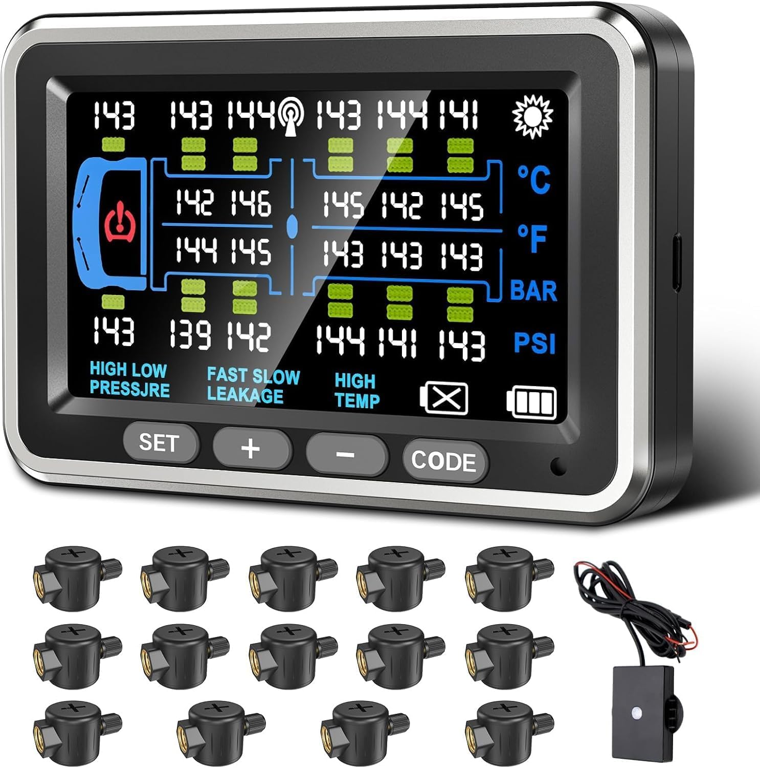 Trailer Tire Pressure Monitoring System 14 Sensors, 0-188PSI, 4.5" RV TPMS with Flow Through Sensor,6 Alerts Modes Monitor for Semi Truck/Camper/5th Wheel,Motorhome,Signal Booster | trailer TPMS RV tpms semi truck tpms 14 sensor tpms tire pressure monitoring system tpms for semi truck 14 sensors