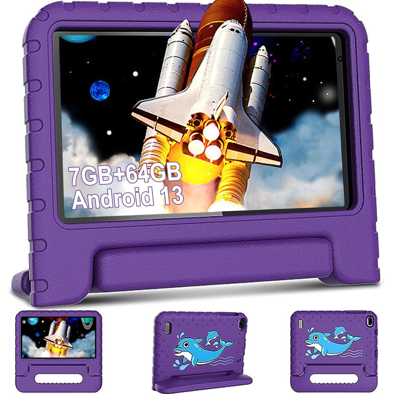 fezawio Tablette Tactile 7 Pouces Android 13, 7Go RAM 64Go ROM (TF 512Go), 3500mAh, Caméras 5MP+8MP, WiFi 6 & Bluetooth 5.0, Tablette PC Portable avec Étui de Protection EVA Violet