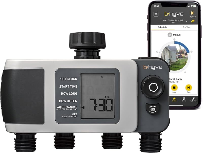 Temporizador de riego de manguera inteligente Orbit B-hyve XD de 4 puertos - Controlado por aplicación - Smart WeatherSense - Temporizador de aspersor Bluetooth con control remoto - Sistema de riego de jardín con múltiples salidas - 24634 | Controlado por aplicación, Smart WeatherSense, temporizador de aspersor Bluetooth con control remoto, sistema de riego de patio con múltiples salidas