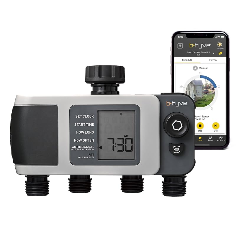 Orbit B-hyve XD 4-Port Smart Hose Watering Timer - App Controlled - Smart WeatherSense - Bluetooth Sprinkler Timer with Remote Control - Multi Outlet Yard Irrigation System - 24634